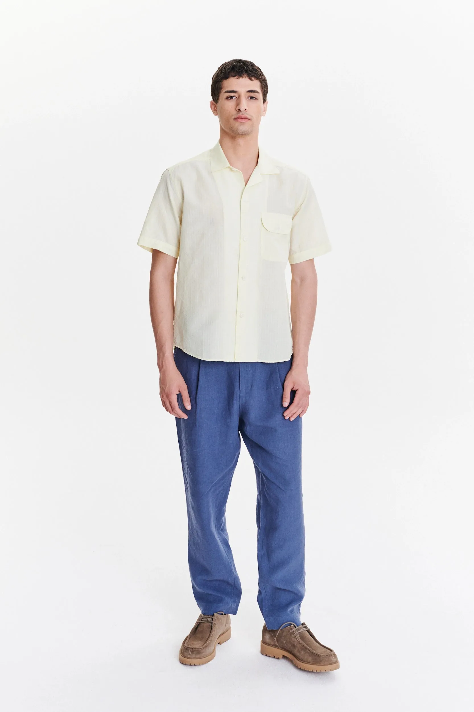 Short Sleeve Camp Collar Shirt in a Lemon Cream Soft Italian Cotton Seersucker sold by Delikatessen