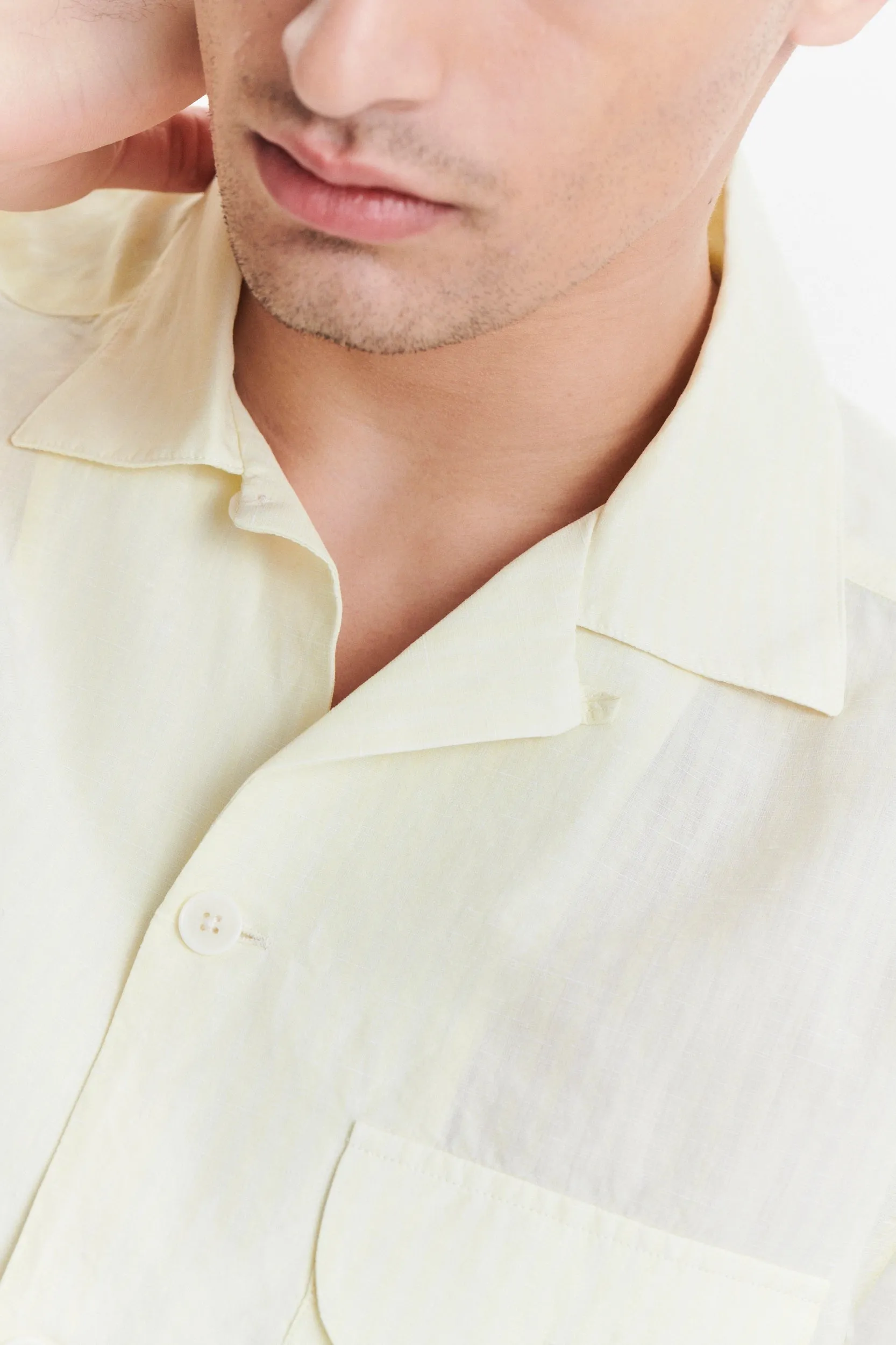 Short Sleeve Camp Collar Shirt in a Lemon Cream Soft Italian Cotton Seersucker sold by Delikatessen product image thumbnail 2