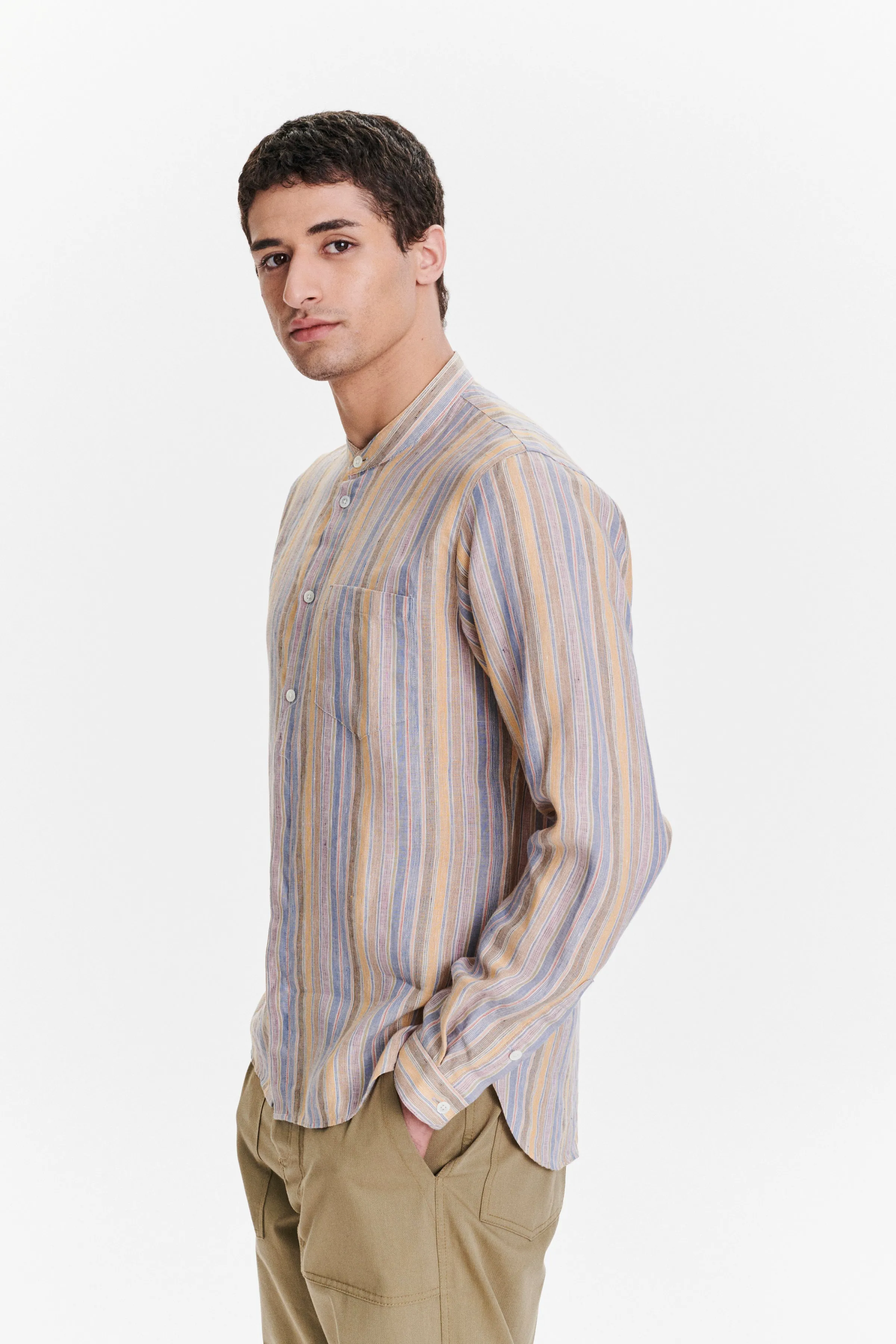 Zen Grandad Collar Shirt in a White, Blue, Yellow, Beige, Pink and Orange Striped Portuguese Linen sold by Delikatessen product image thumbnail 5
