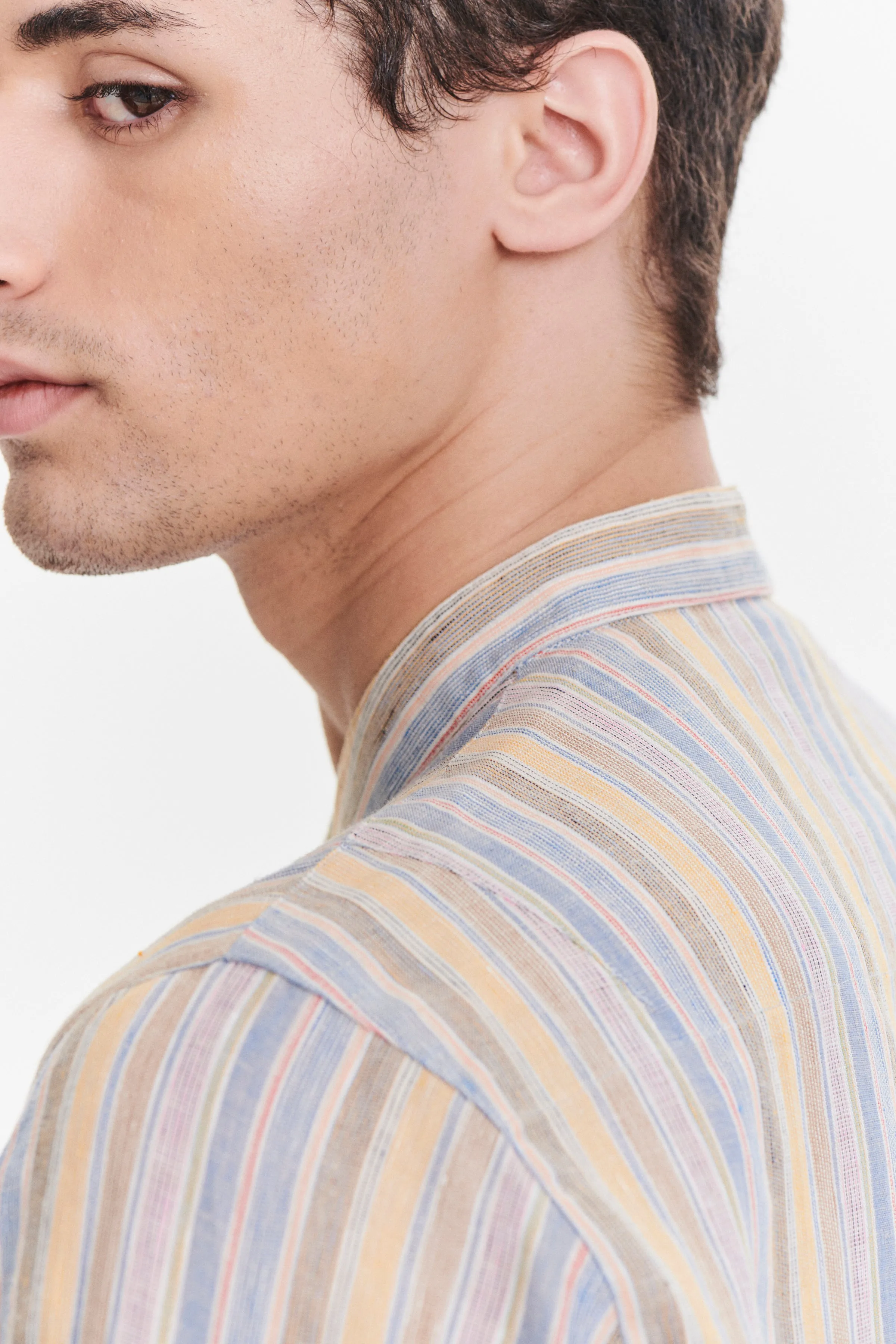Zen Grandad Collar Shirt in a White, Blue, Yellow, Beige, Pink and Orange Striped Portuguese Linen sold by Delikatessen product image thumbnail 2