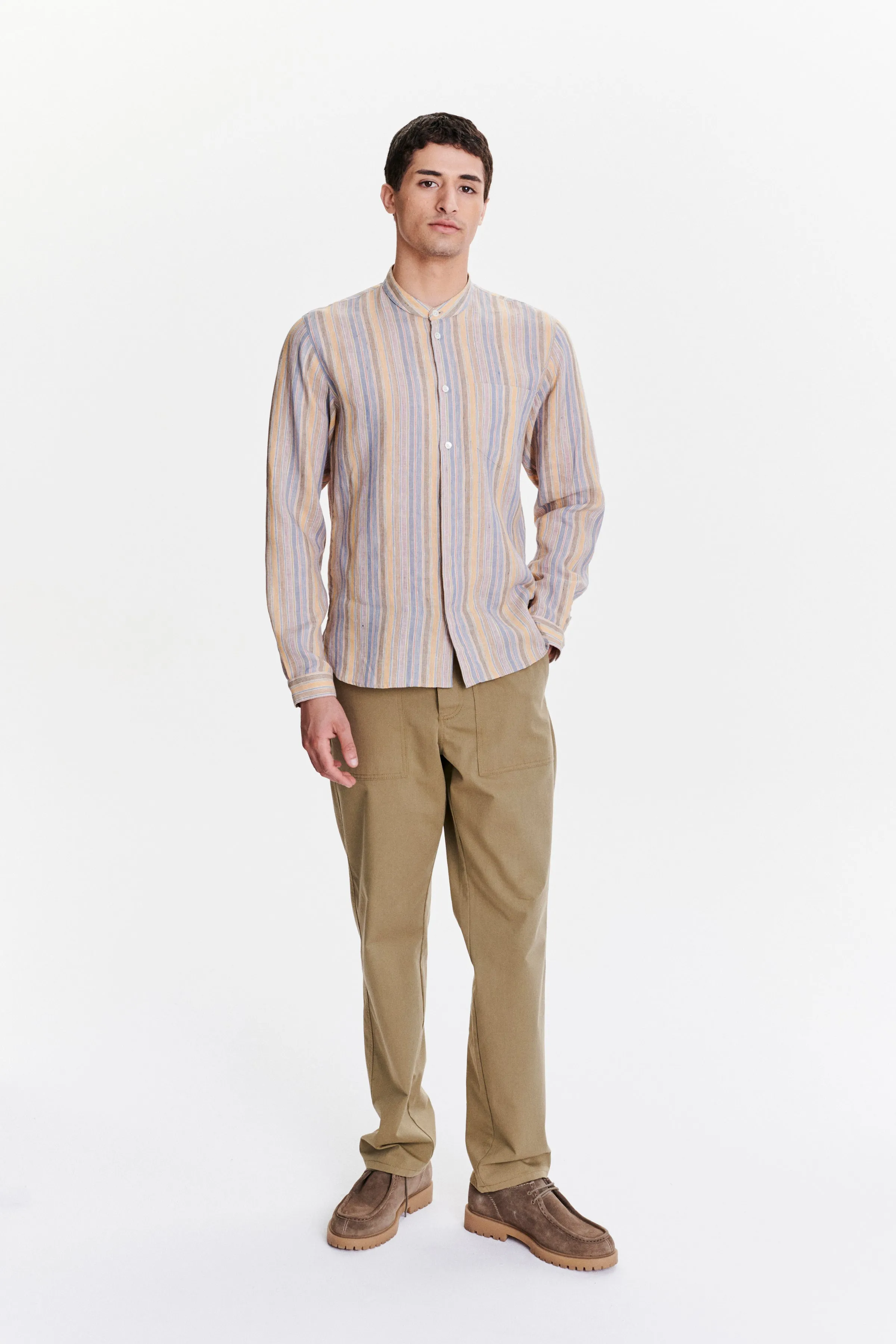 Zen Grandad Collar Shirt in a White, Blue, Yellow, Beige, Pink and Orange Striped Portuguese Linen sold by Delikatessen product image thumbnail 3