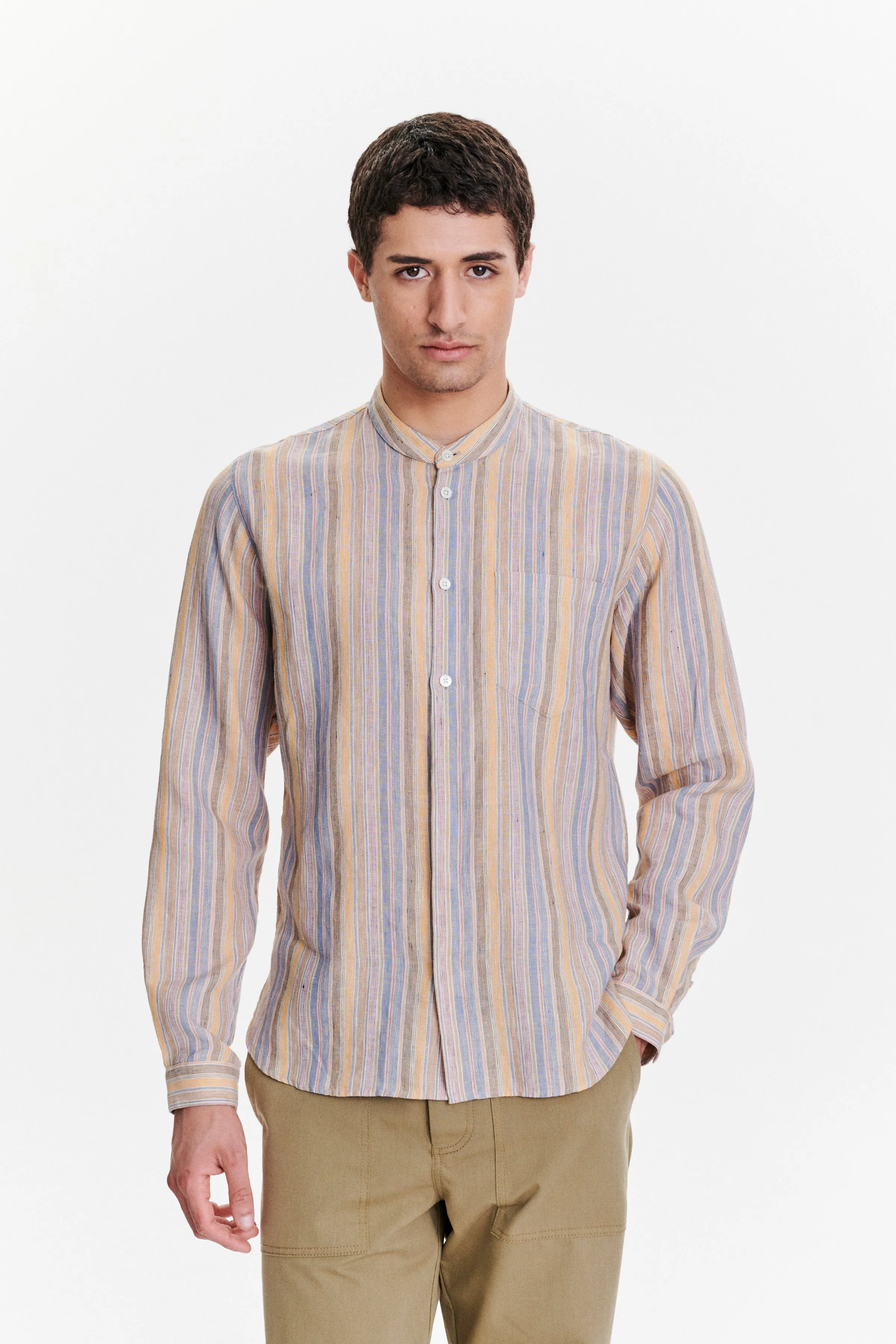 Zen Grandad Collar Shirt in a White, Blue, Yellow, Beige, Pink and Orange Striped Portuguese Linen sold by Delikatessen product image thumbnail 4