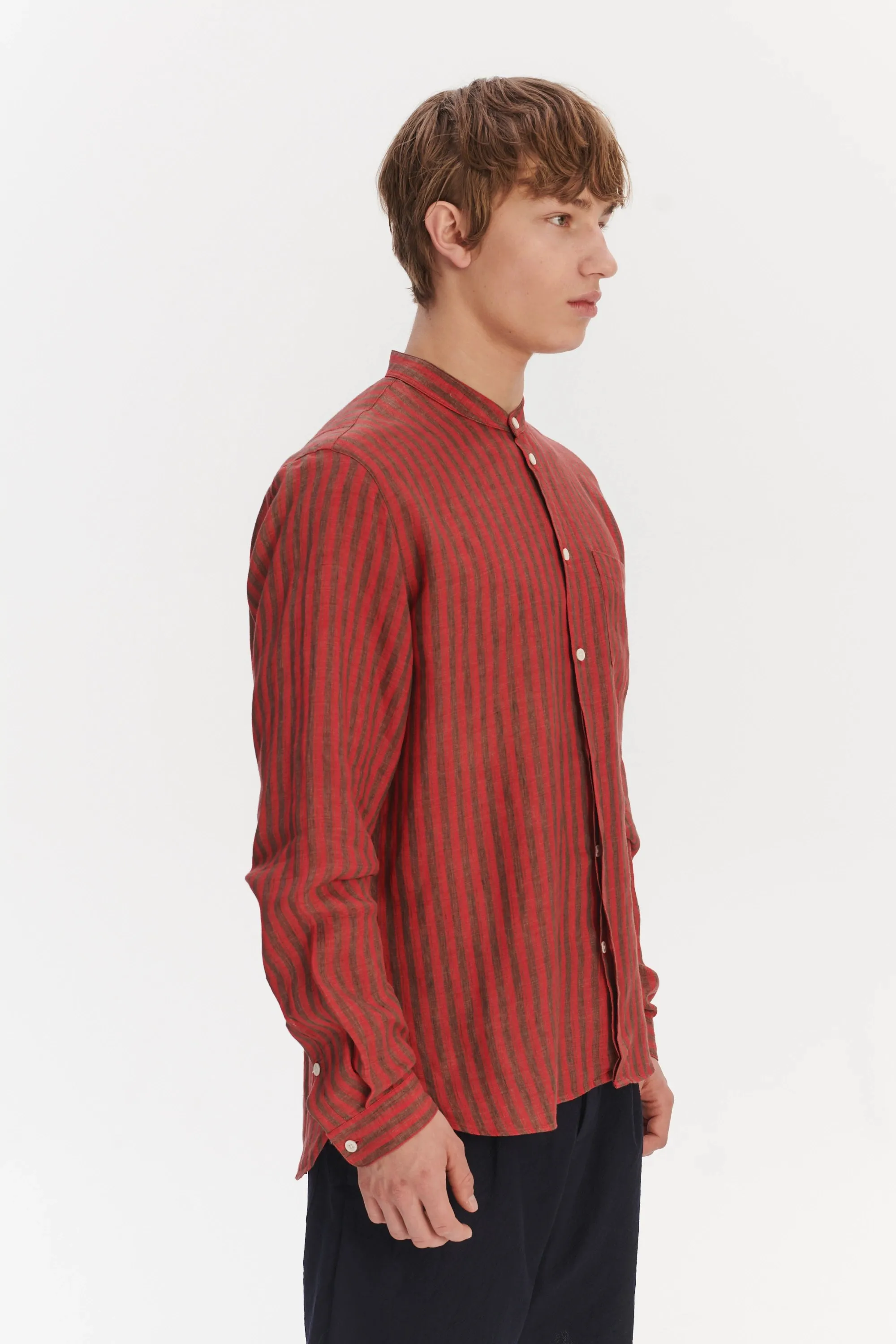 Zen Grandad Collar Shirt in a Red and Brown Striped Italian Linen sold by Delikatessen product image thumbnail 4