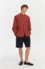 Zen Grandad Collar Shirt in a Red and Brown Striped Italian Linen sold by Delikatessen