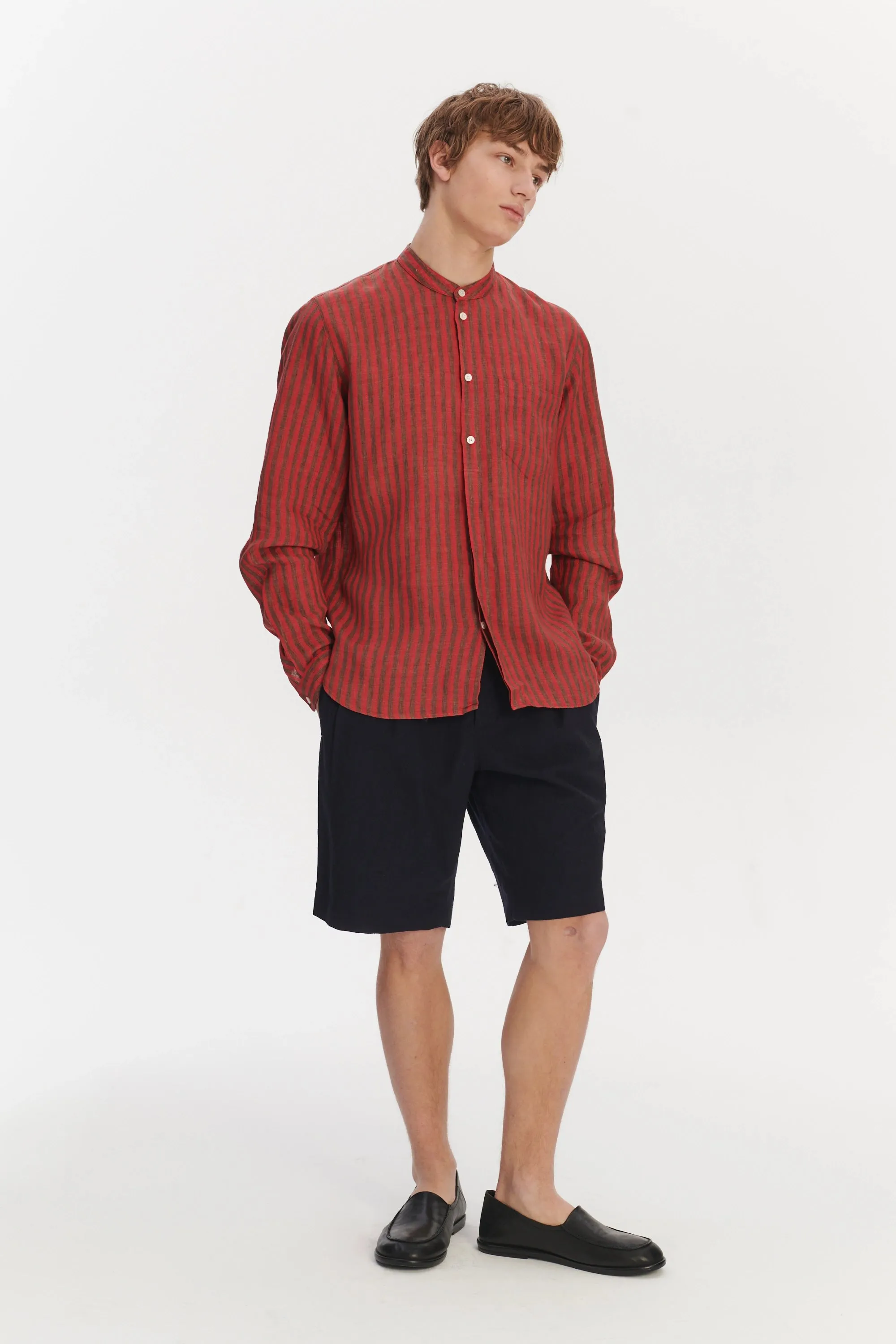 Zen Grandad Collar Shirt in a Red and Brown Striped Italian Linen sold by Delikatessen