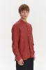 Zen Grandad Collar Shirt in a Red and Brown Striped Italian Linen sold by Delikatessen