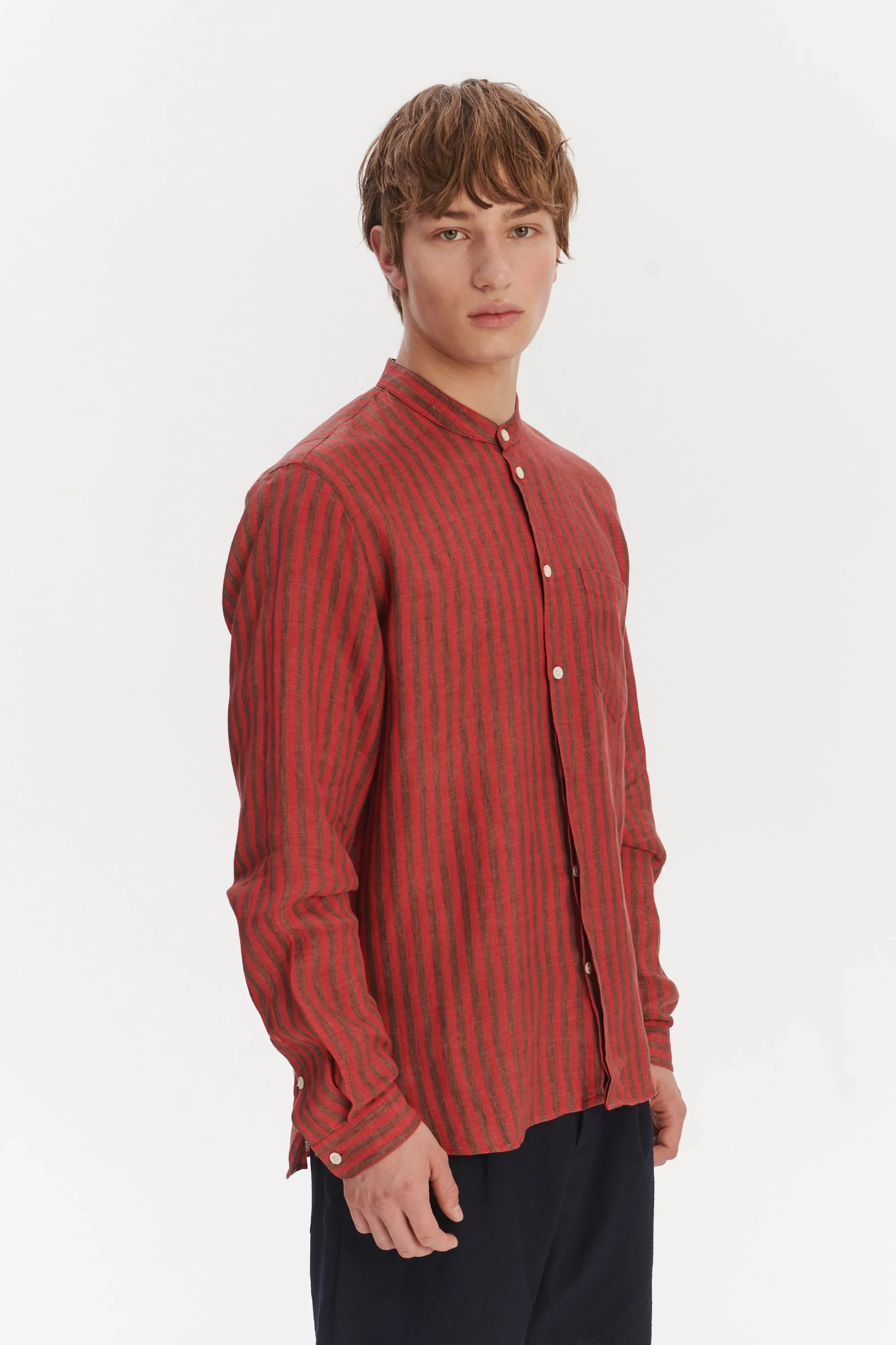Zen Grandad Collar Shirt in a Red and Brown Striped Italian Linen sold by Delikatessen product image thumbnail 5