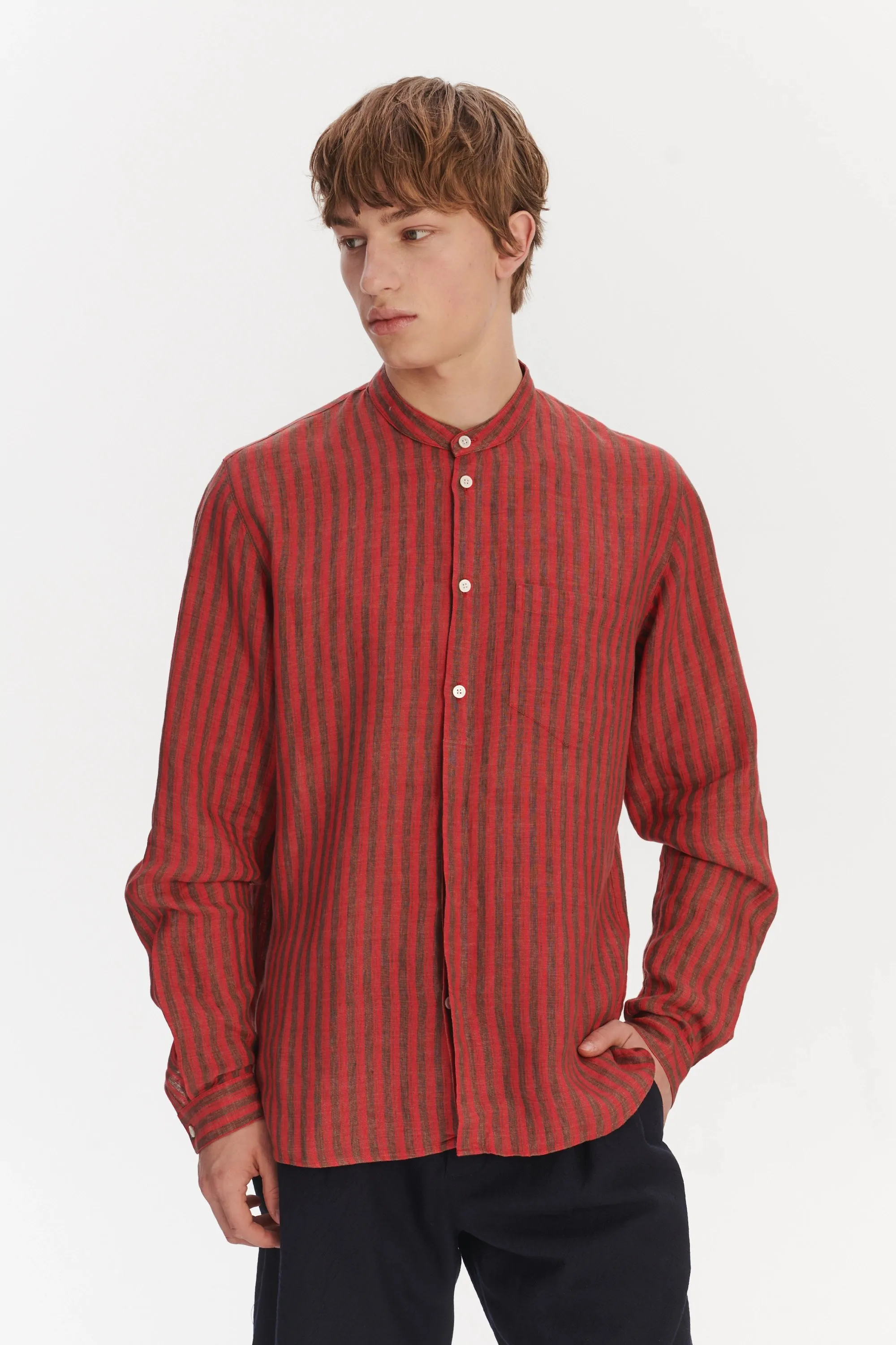 Zen Grandad Collar Shirt in a Red and Brown Striped Italian Linen sold by Delikatessen product image thumbnail 3