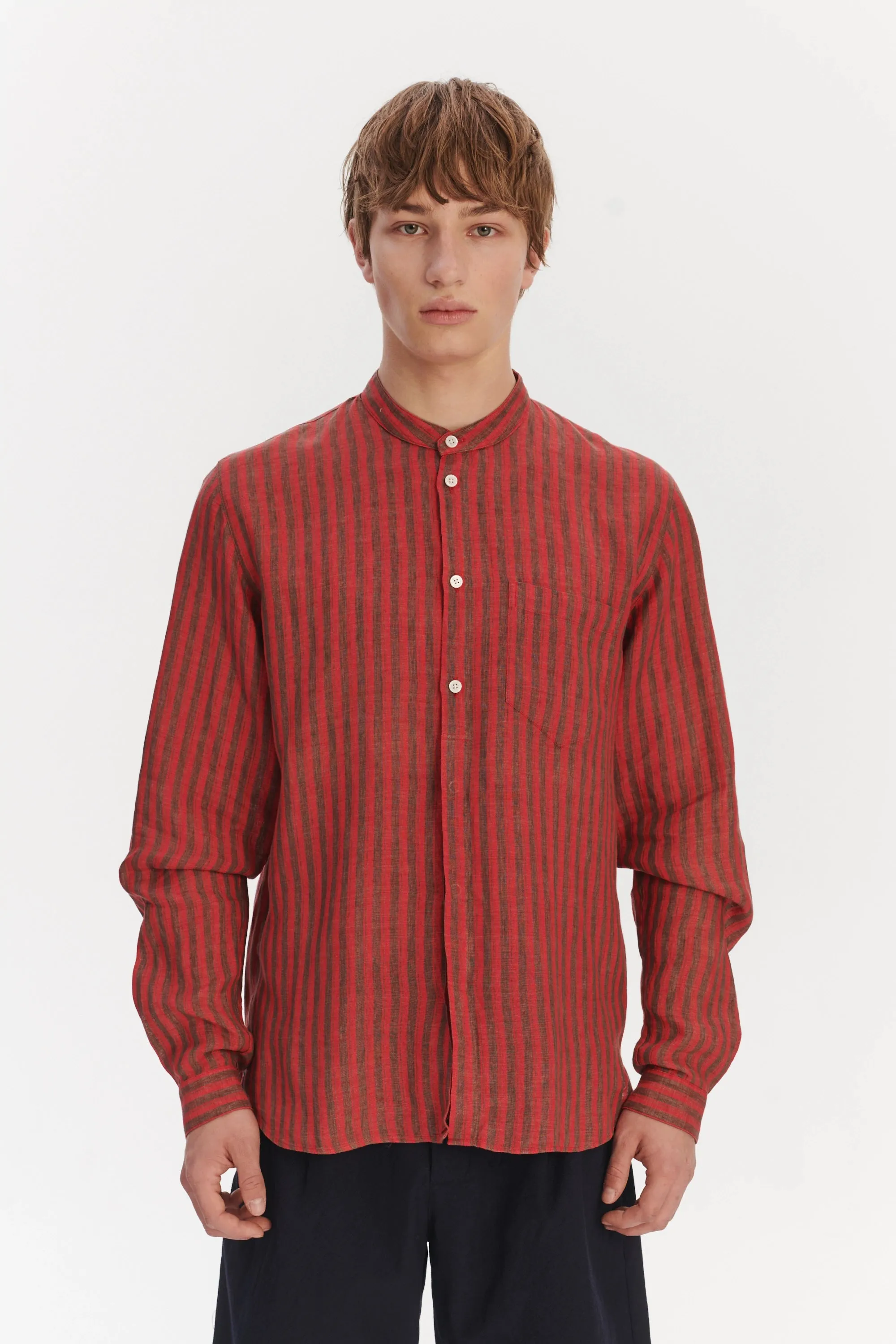 Zen Grandad Collar Shirt in a Red and Brown Striped Italian Linen sold by Delikatessen product image thumbnail 2