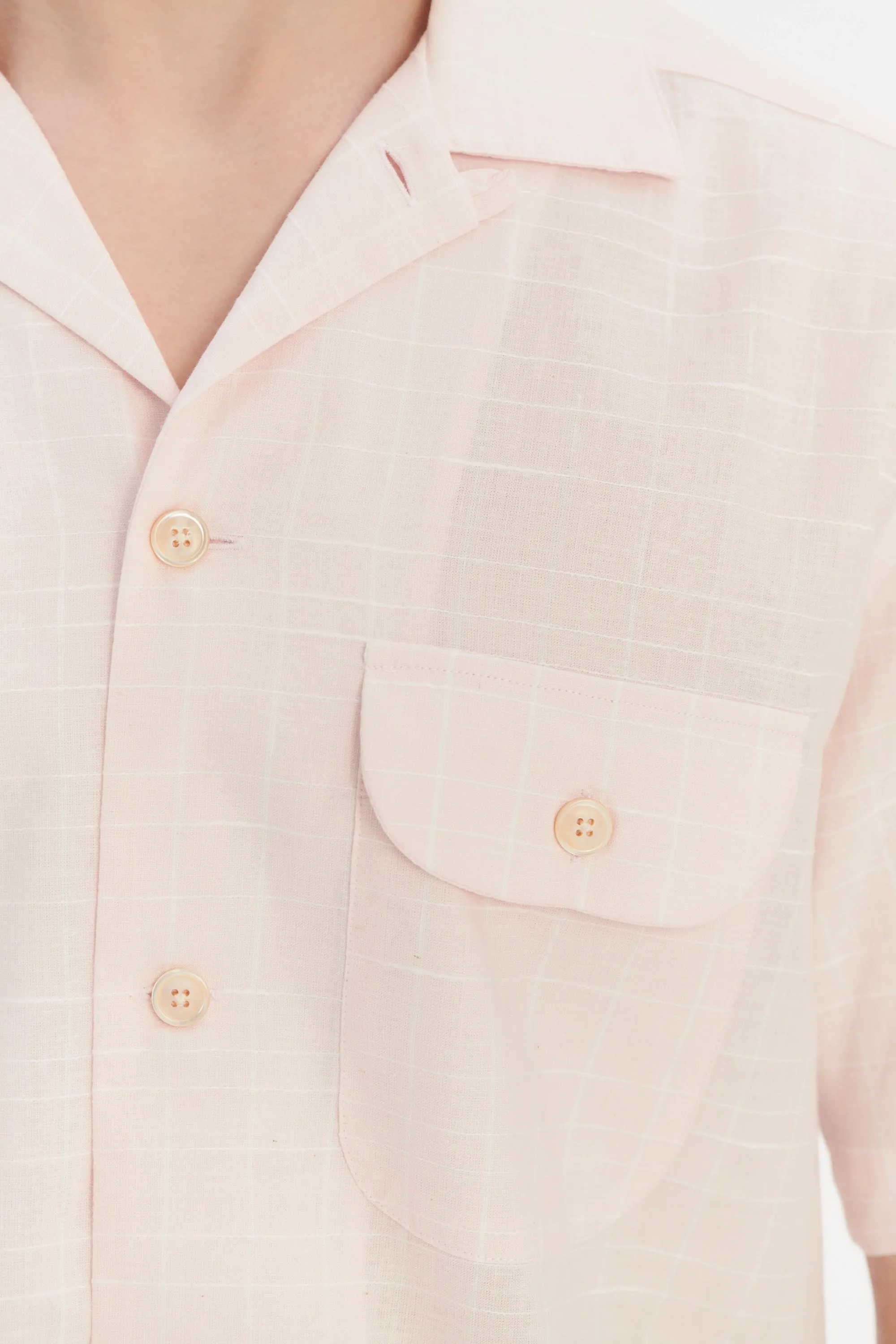 Short Sleeve Camp Collar Shirt in a Subtle Pink Mix of Portuguese Cotton, Linen and Pineapple sold by Delikatessen product image thumbnail 2