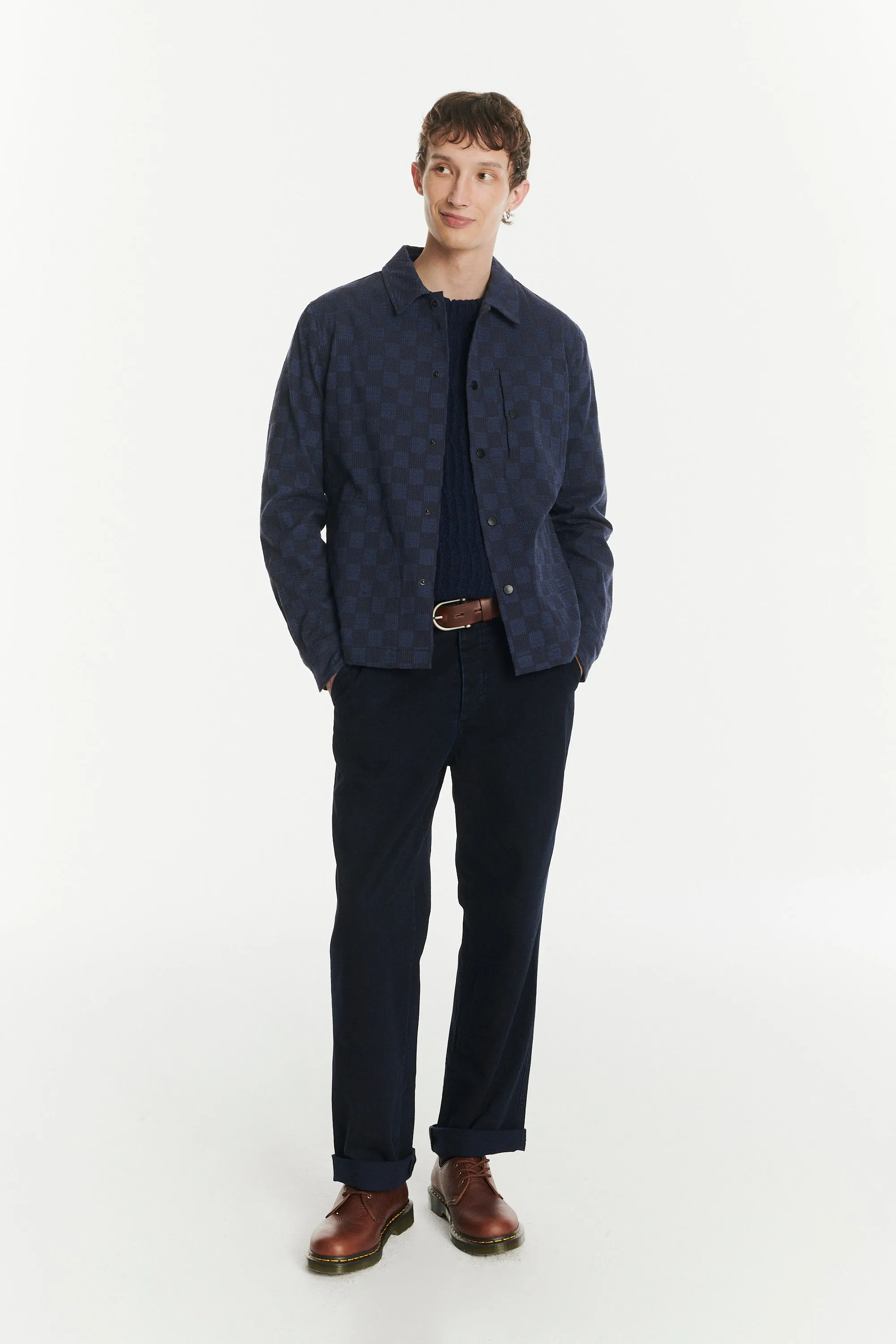 Snap Button Jacket in a Blue Subtle Chequered Jacquard Woven Portuguese Cotton sold by Delikatessen