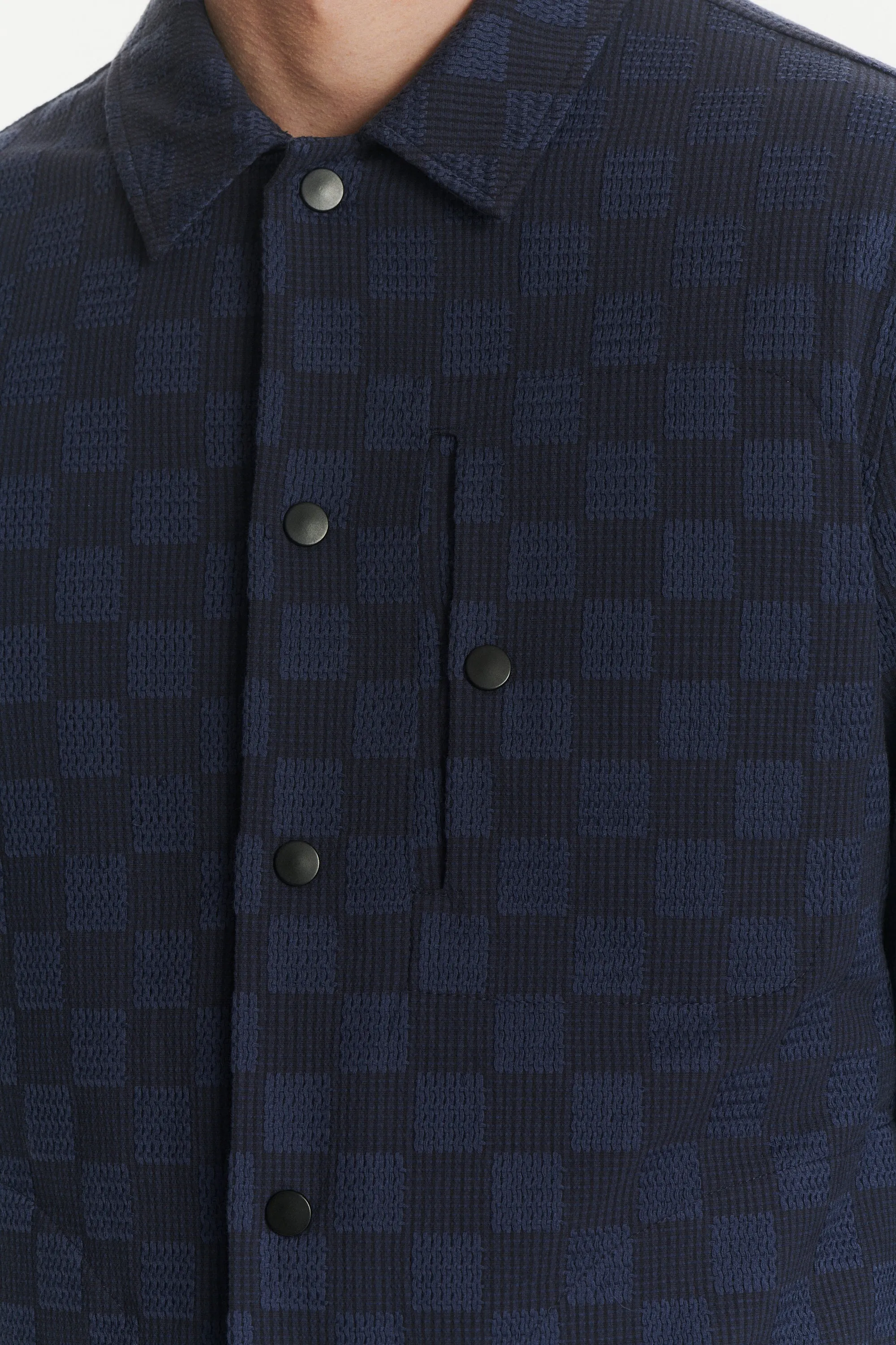 Snap Button Jacket in a Blue Subtle Chequered Jacquard Woven Portuguese Cotton sold by Delikatessen product image thumbnail 2