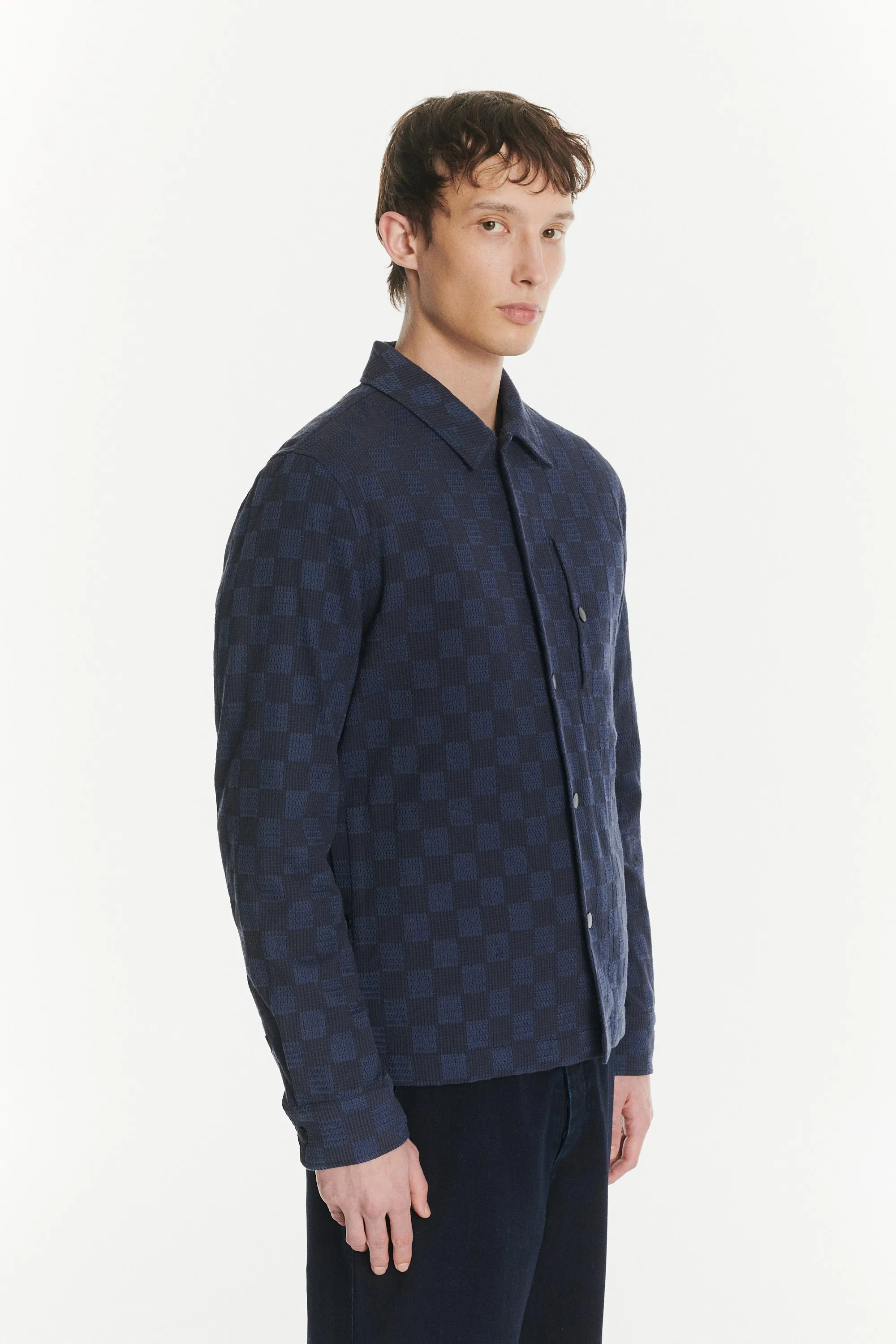 Snap Button Jacket in a Blue Subtle Chequered Jacquard Woven Portuguese Cotton sold by Delikatessen product image thumbnail 5