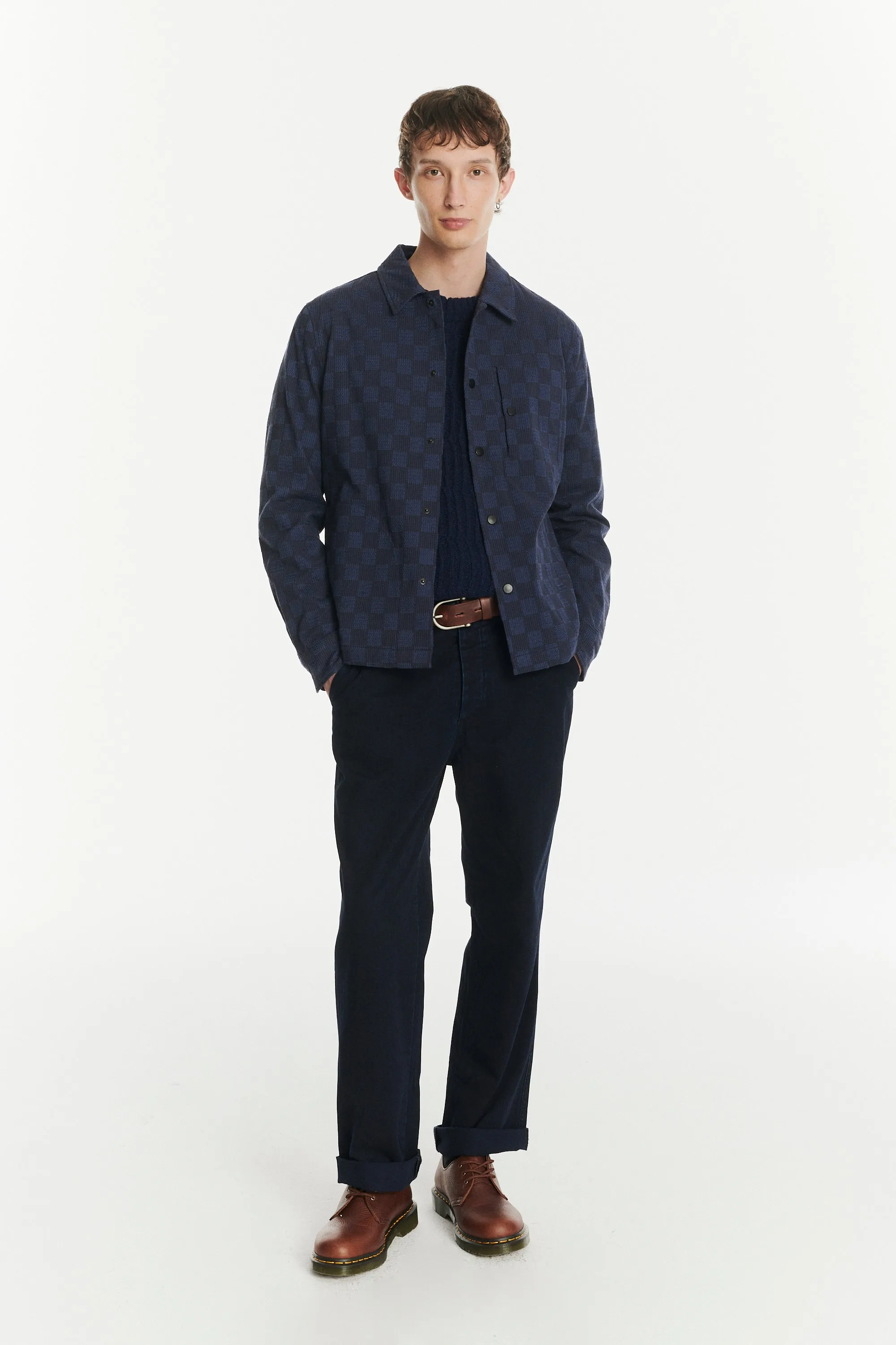 Snap Button Jacket in a Blue Subtle Chequered Jacquard Woven Portuguese Cotton sold by Delikatessen product image thumbnail 3