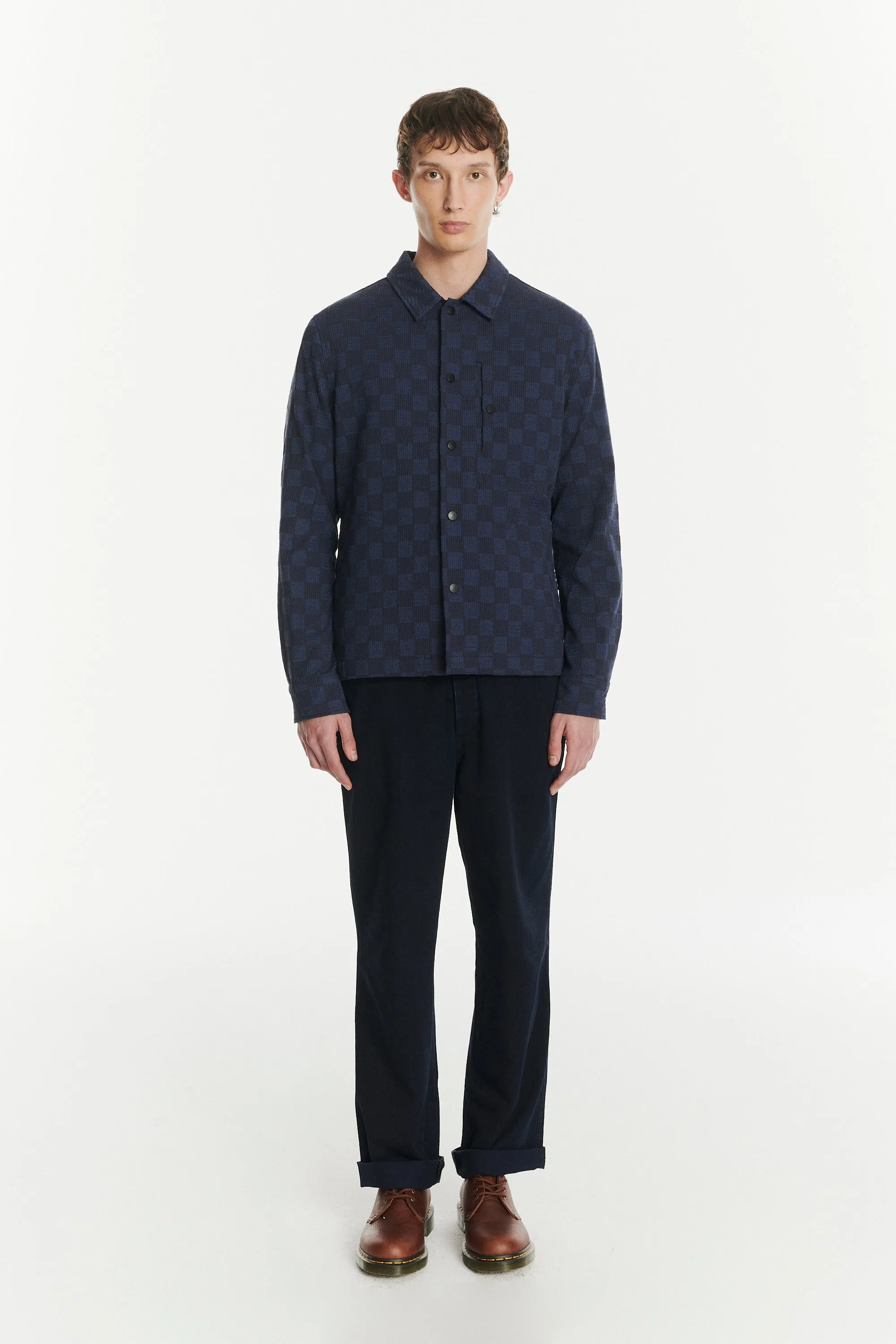 Snap Button Jacket in a Blue Subtle Chequered Jacquard Woven Portuguese Cotton sold by Delikatessen product image thumbnail 4