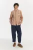 New Zen Grandad Collar Shirt in a Beige, Orange and Brown Striped Fine Portuguese Linen and Cotton sold by Delikatessen