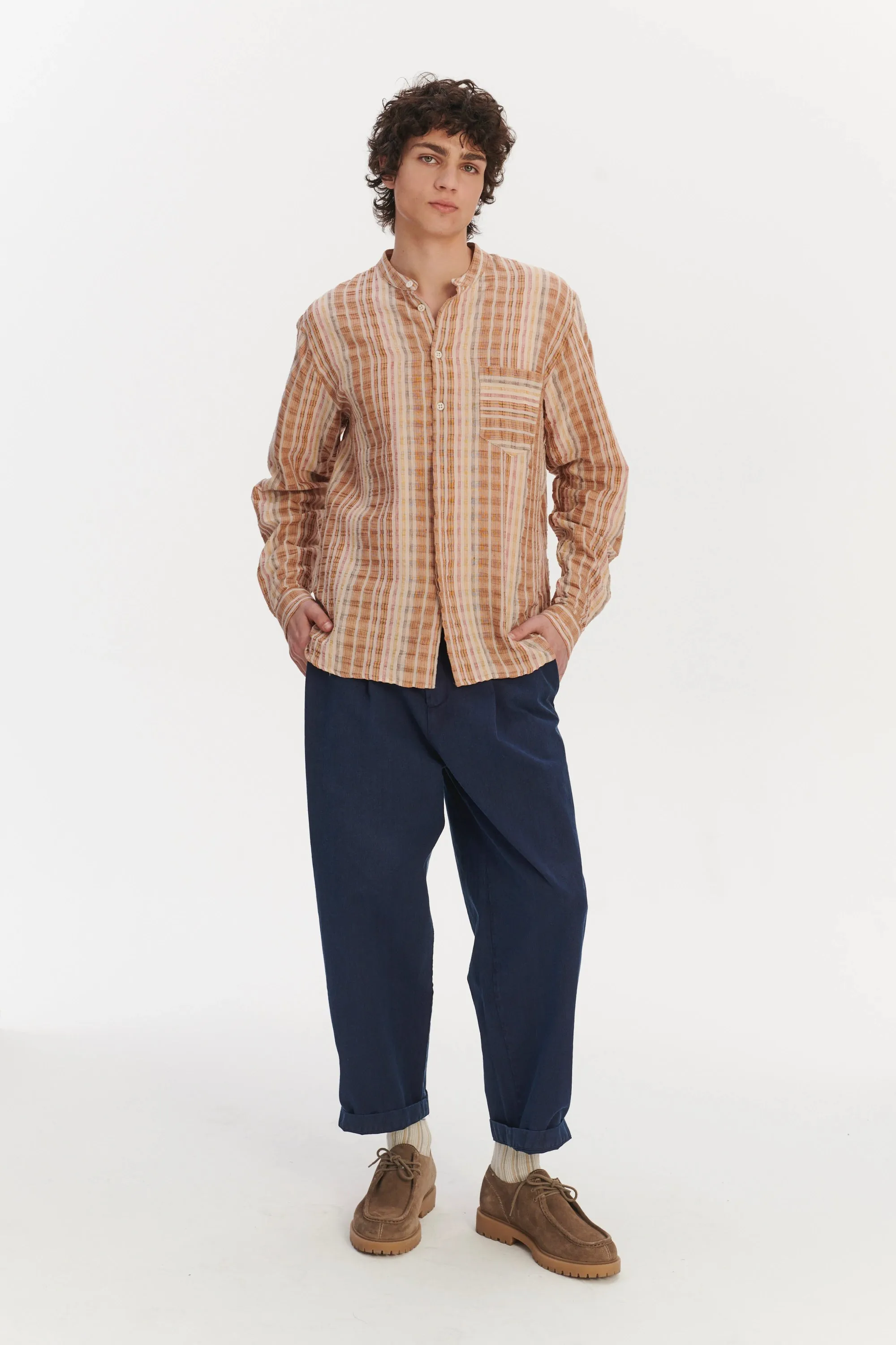 New Zen Grandad Collar Shirt in a Beige, Orange and Brown Striped Fine Portuguese Linen and Cotton sold by Delikatessen product image thumbnail 3