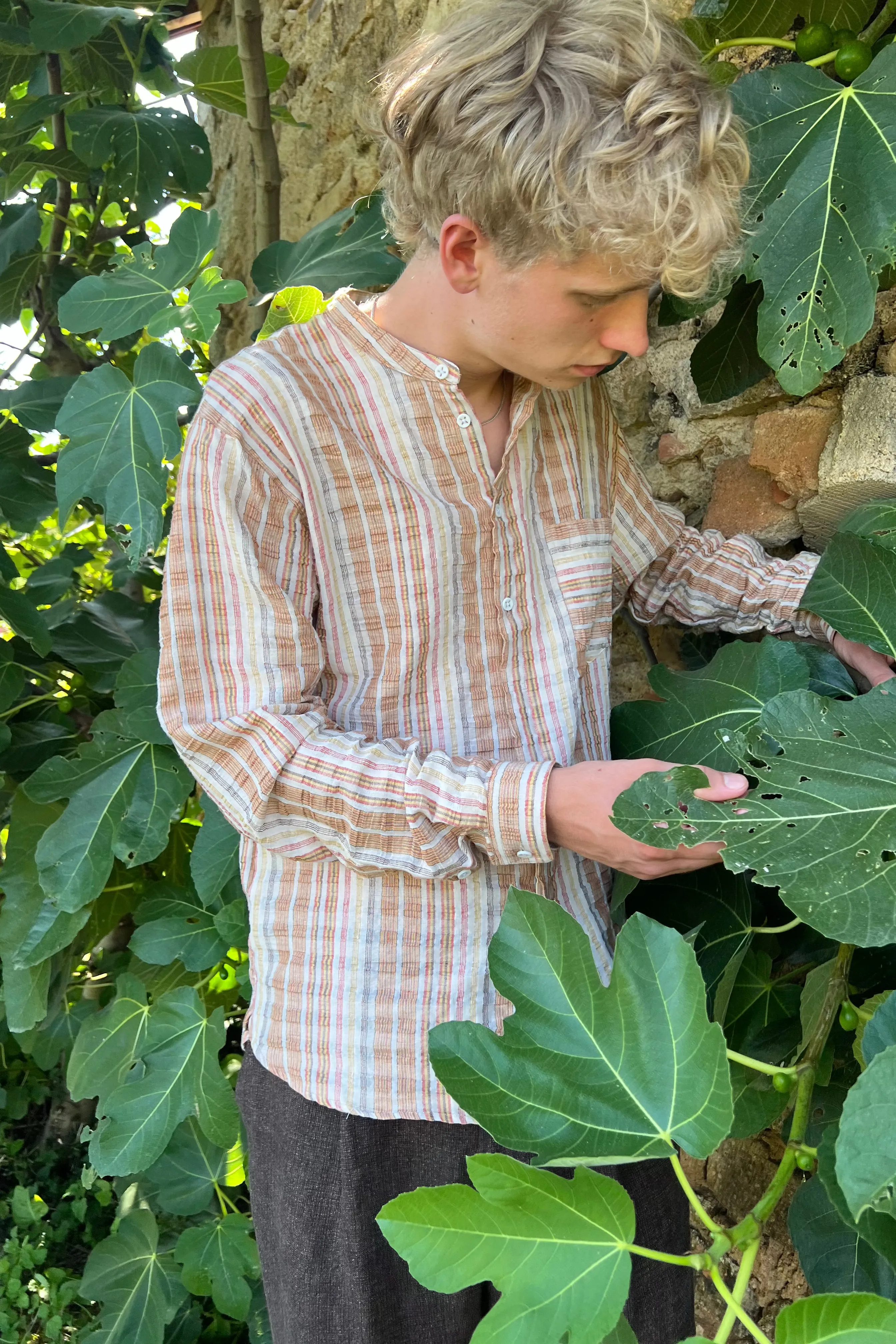 New Zen Grandad Collar Shirt in a Beige, Orange and Brown Striped Fine Portuguese Linen and Cotton sold by Delikatessen