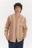 New Zen Grandad Collar Shirt in a Beige, Orange and Brown Striped Fine Portuguese Linen and Cotton sold by Delikatessen