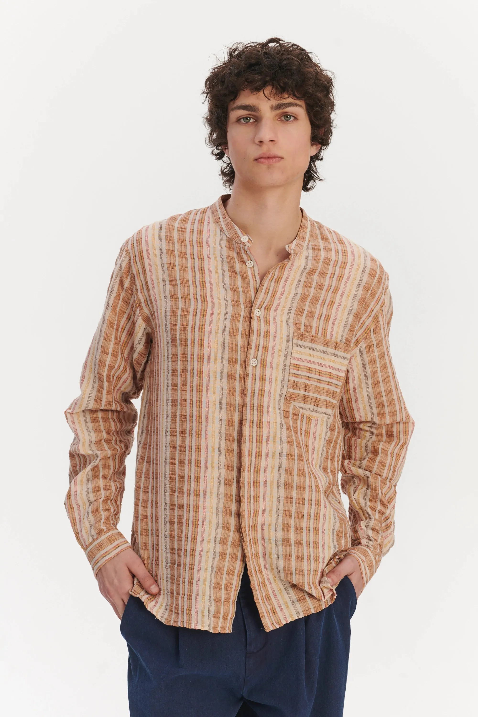 New Zen Grandad Collar Shirt in a Beige, Orange and Brown Striped Fine Portuguese Linen and Cotton sold by Delikatessen product image thumbnail 5