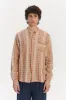 New Zen Grandad Collar Shirt in a Beige, Orange and Brown Striped Fine Portuguese Linen and Cotton sold by Delikatessen