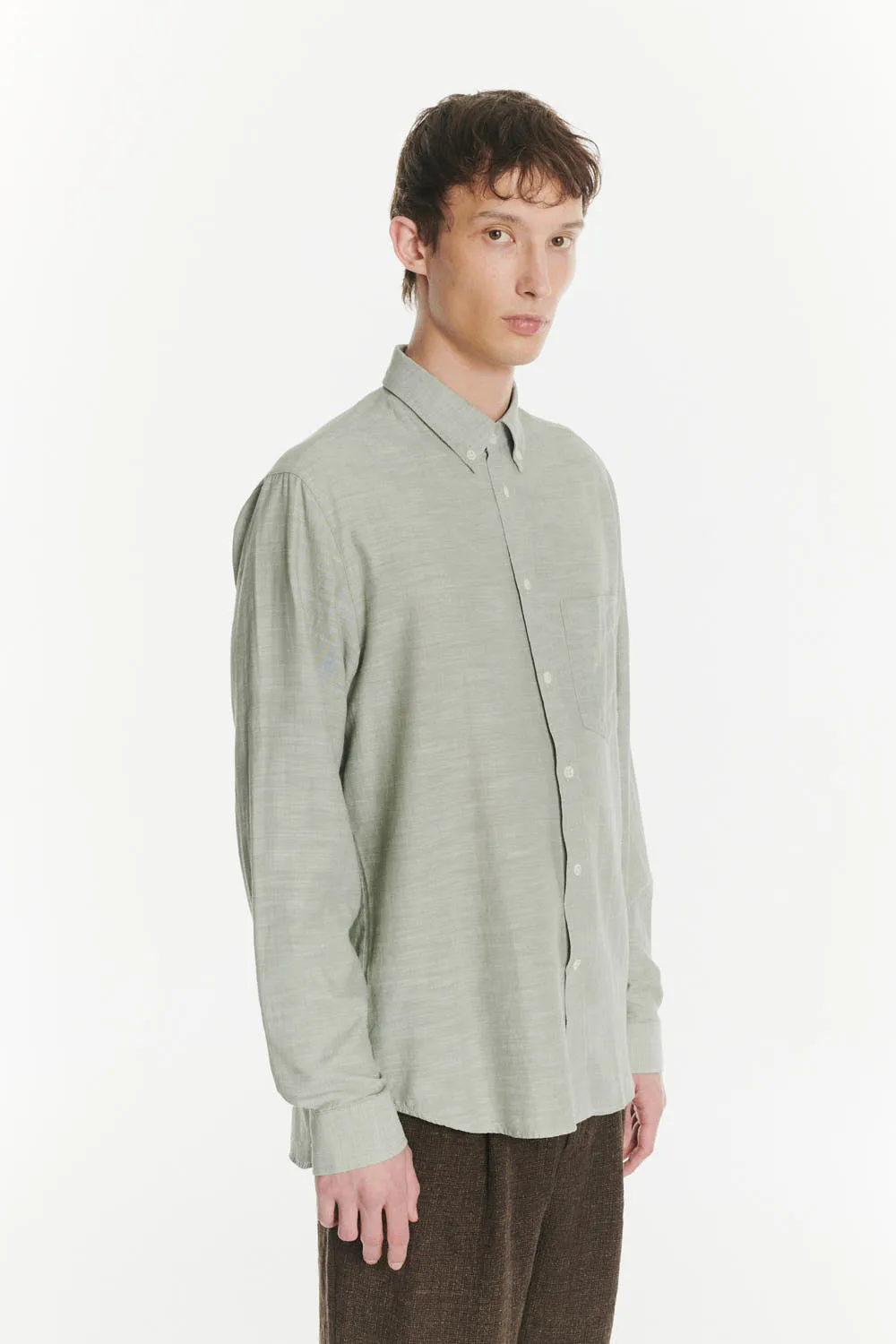 Button Down Shirt in an Airy Olive Green Italian Recycled Cotton sold by Delikatessen product image thumbnail 3
