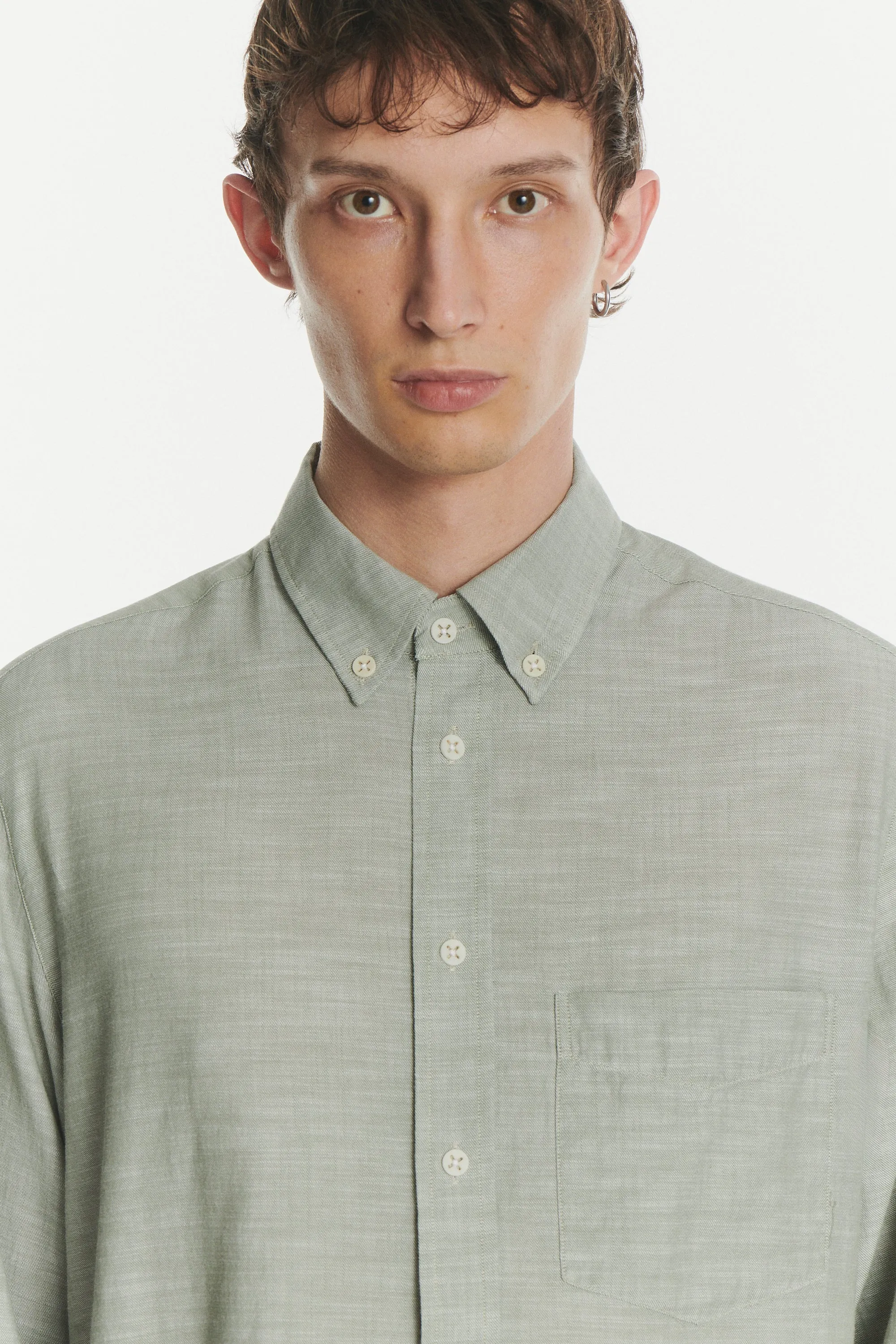 Button Down Shirt in an Airy Olive Green Italian Recycled Cotton sold by Delikatessen product image thumbnail 2