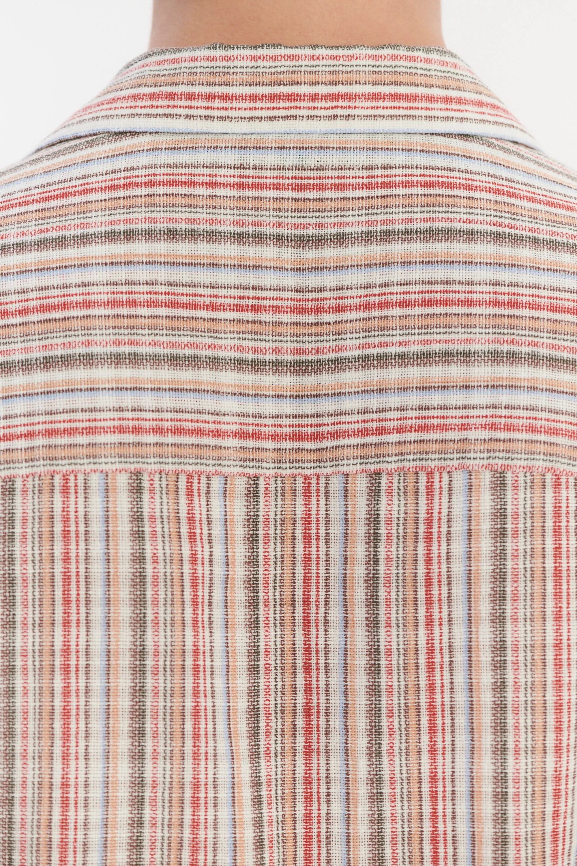 Short Sleeve Camp Collar Shirt in a Red, Blue, Grey and Beige Striped Airy Structural Portuguese Cotton sold by Delikatessen product image thumbnail 2