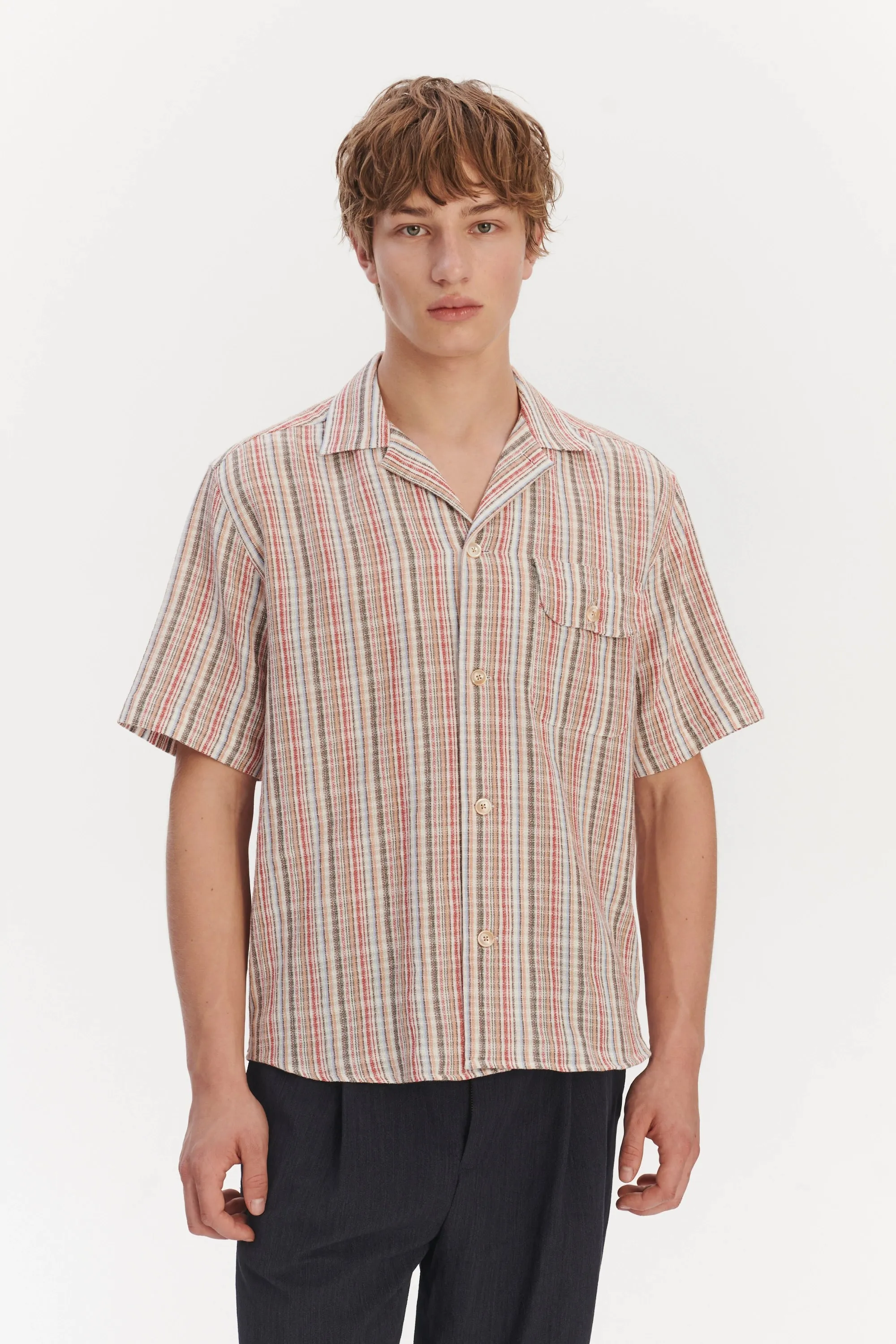 Short Sleeve Camp Collar Shirt in a Red, Blue, Grey and Beige Striped Airy Structural Portuguese Cotton sold by Delikatessen product image thumbnail 4