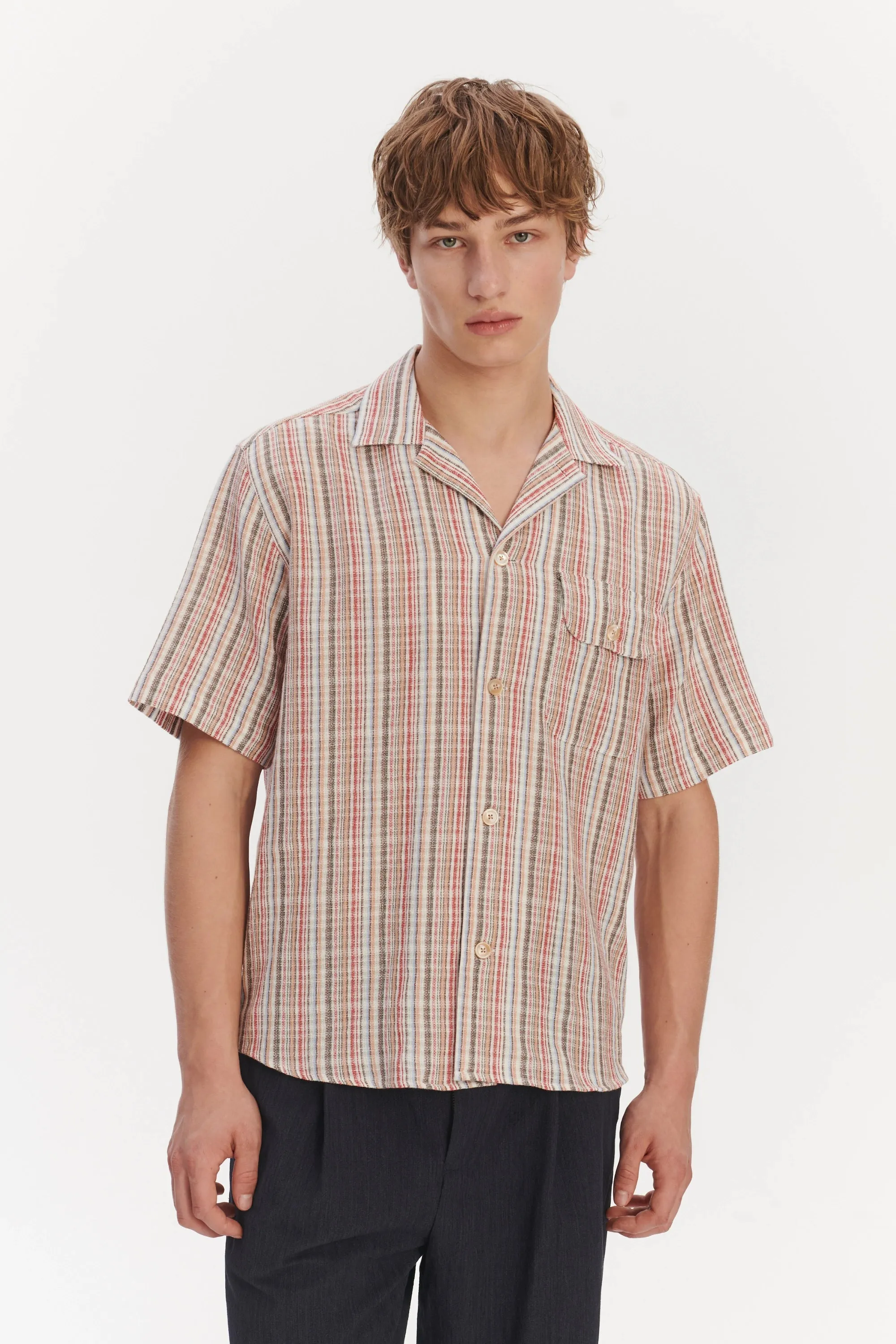 Short Sleeve Camp Collar Shirt in a Red, Blue, Grey and Beige Striped Airy Structural Portuguese Cotton sold by Delikatessen product image thumbnail 3