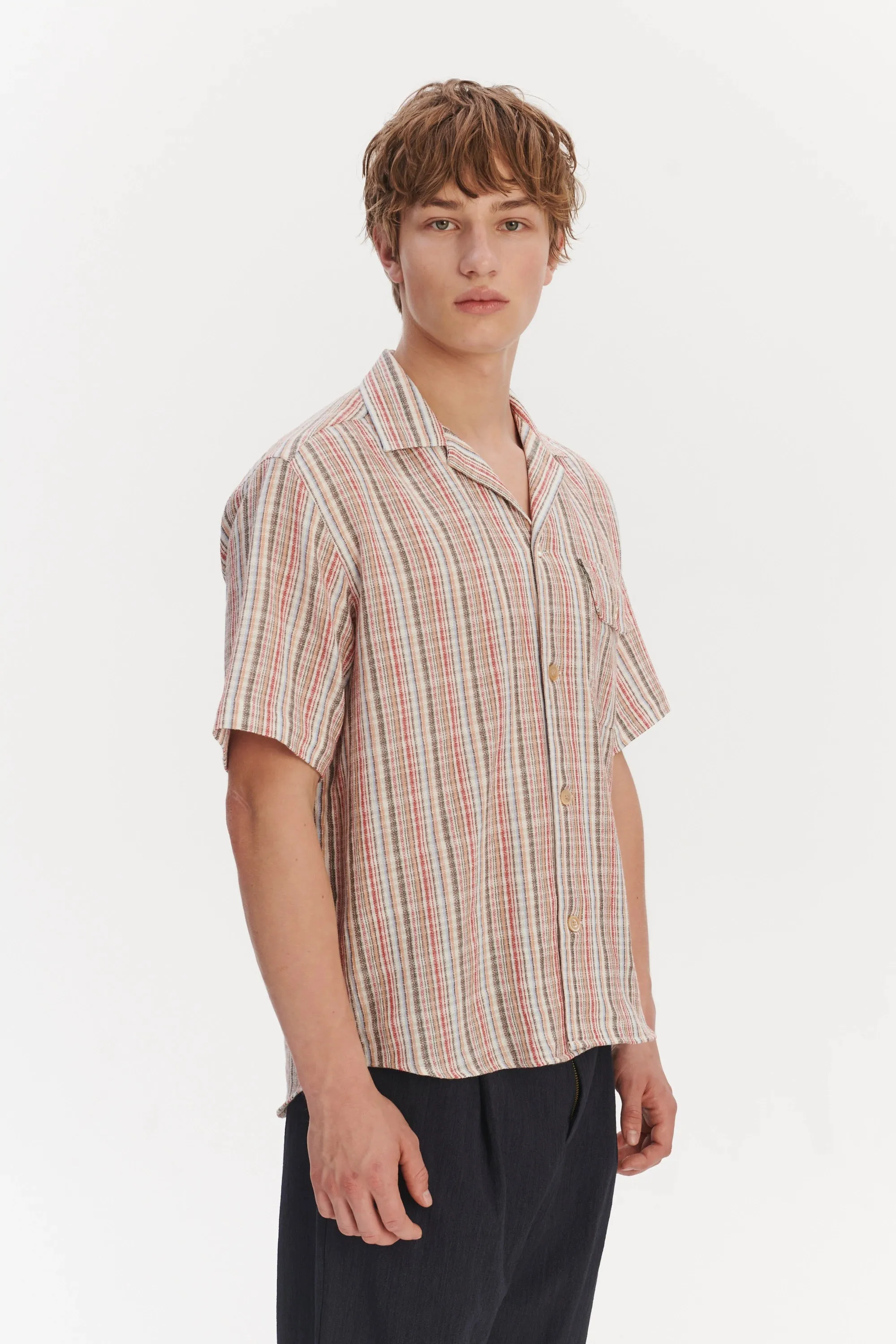 Short Sleeve Camp Collar Shirt in a Red, Blue, Grey and Beige Striped Airy Structural Portuguese Cotton sold by Delikatessen product image thumbnail 5