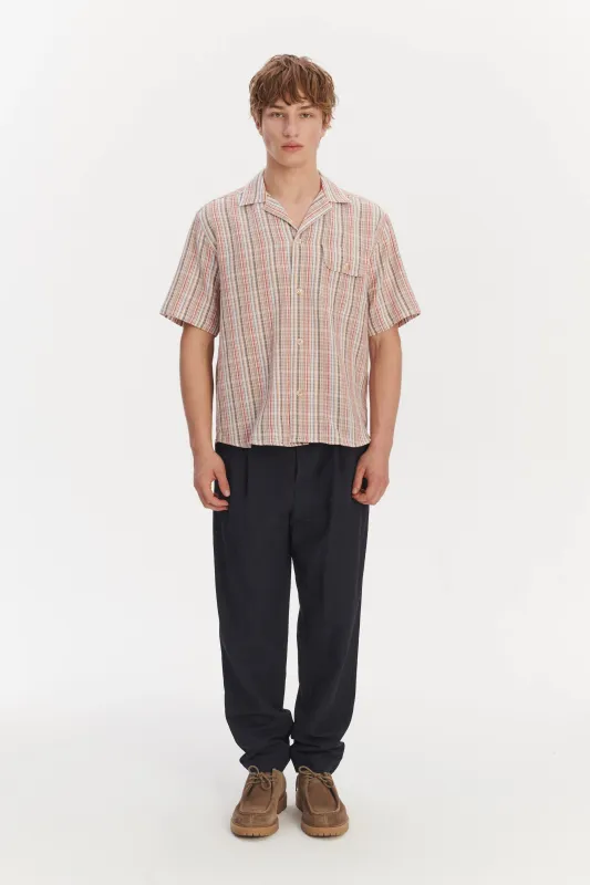 Short Sleeve Camp Collar Shirt in a Red, Blue, Grey and Beige Striped Airy Structural Portuguese Cotton sold by Delikatessen