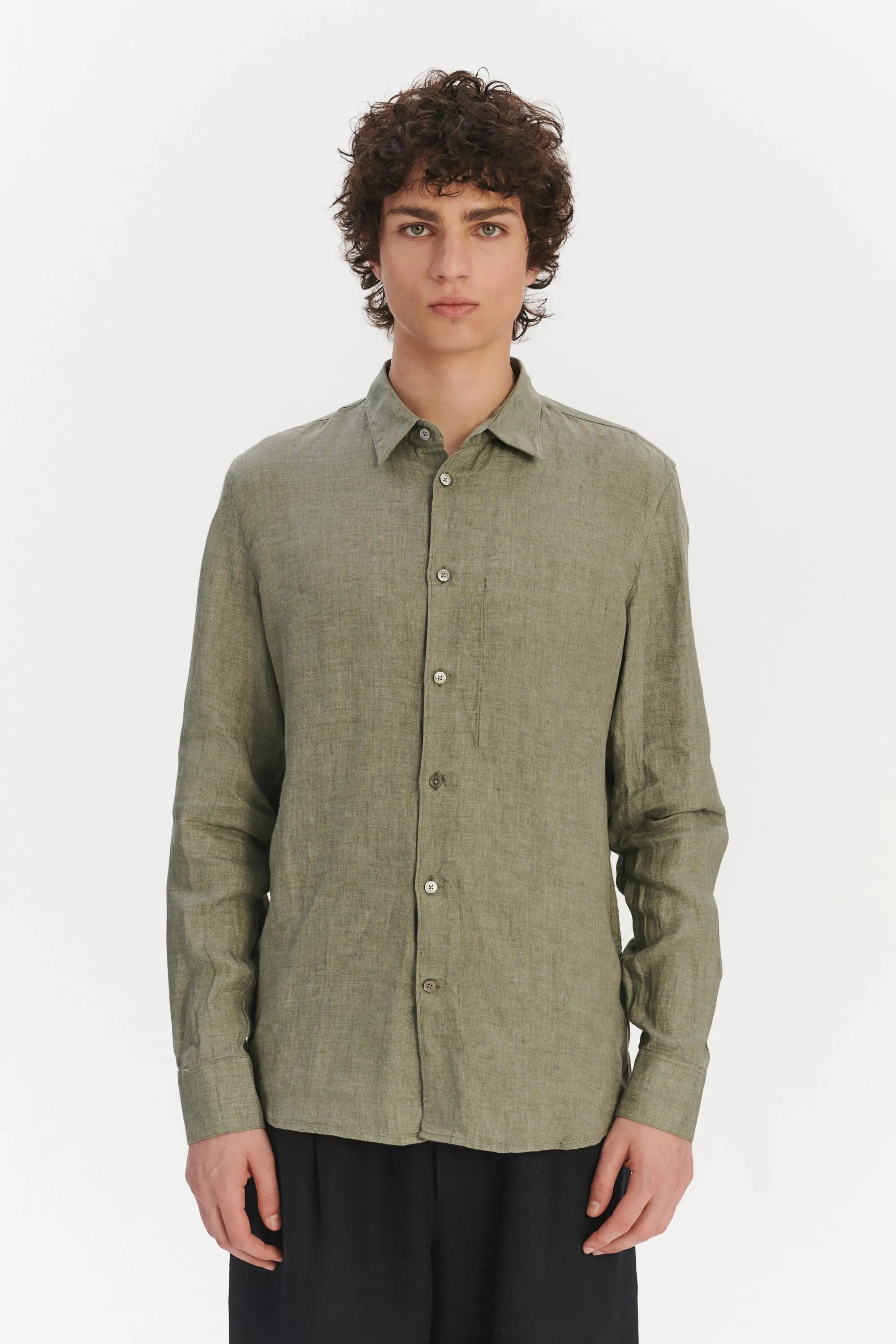 Feel Good Shirt in a Green Structured Italian Oxford Linen sold by Delikatessen product image thumbnail 4