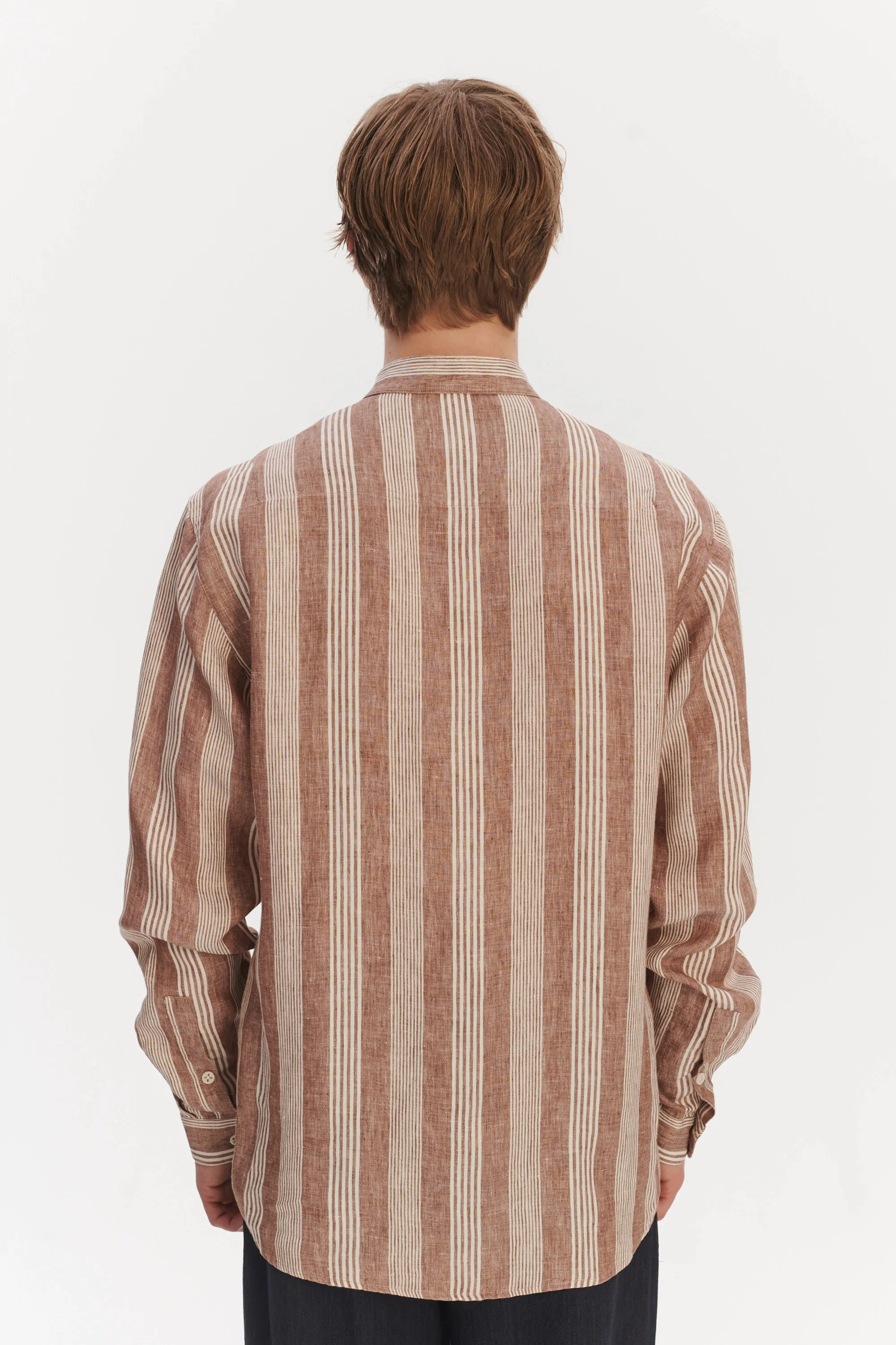 New Zen Grandad Collar Shirt in a Rusty Brown and Beige Striped Italian Linen sold by Delikatessen product image thumbnail 5