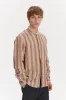 New Zen Grandad Collar Shirt in a Rusty Brown and Beige Striped Italian Linen sold by Delikatessen