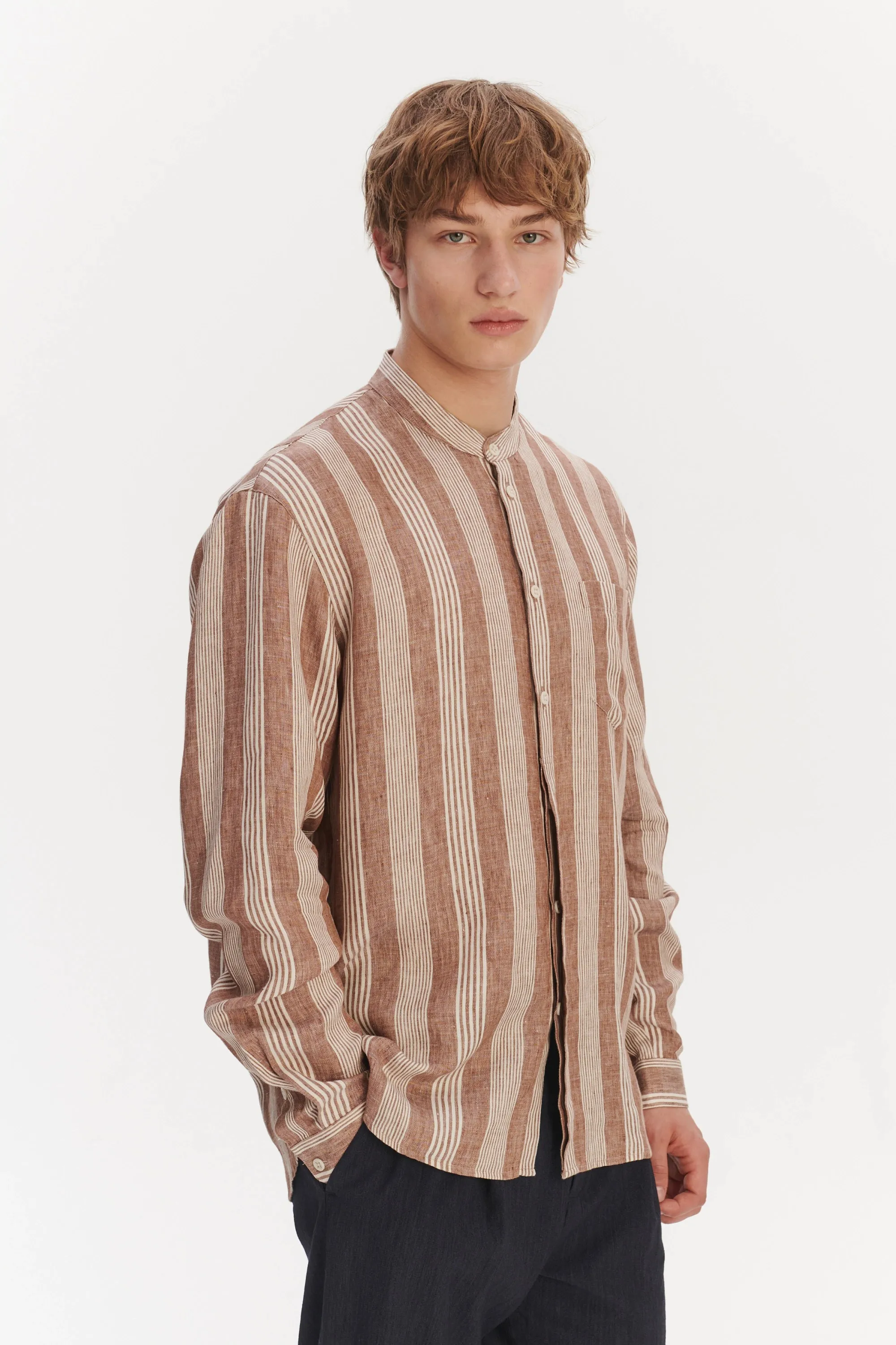 New Zen Grandad Collar Shirt in a Rusty Brown and Beige Striped Italian Linen sold by Delikatessen product image thumbnail 4
