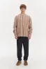 New Zen Grandad Collar Shirt in a Rusty Brown and Beige Striped Italian Linen sold by Delikatessen
