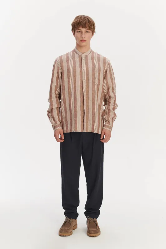 New Zen Grandad Collar Shirt in a Rusty Brown and Beige Striped Italian Linen sold by Delikatessen