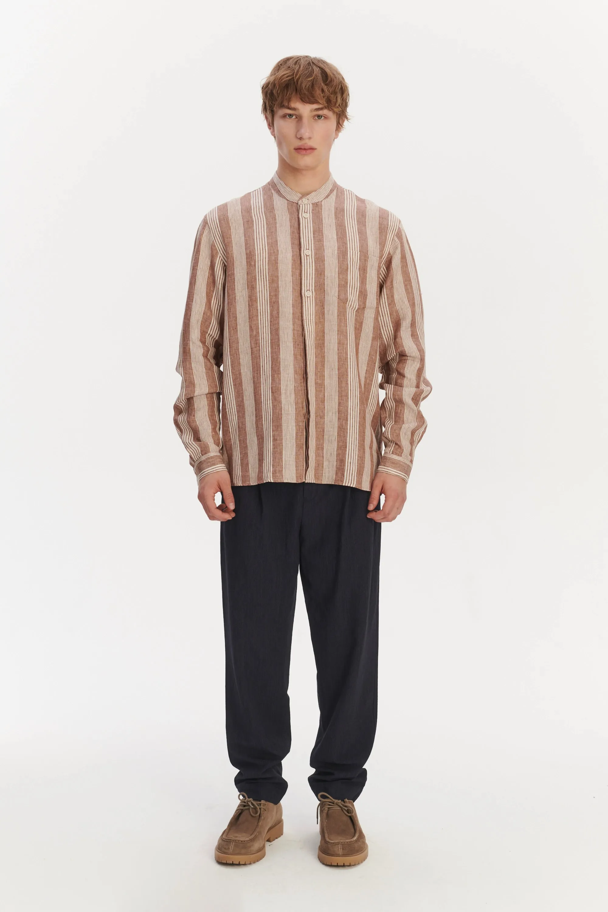 New Zen Grandad Collar Shirt in a Rusty Brown and Beige Striped Italian Linen sold by Delikatessen