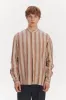 New Zen Grandad Collar Shirt in a Rusty Brown and Beige Striped Italian Linen sold by Delikatessen