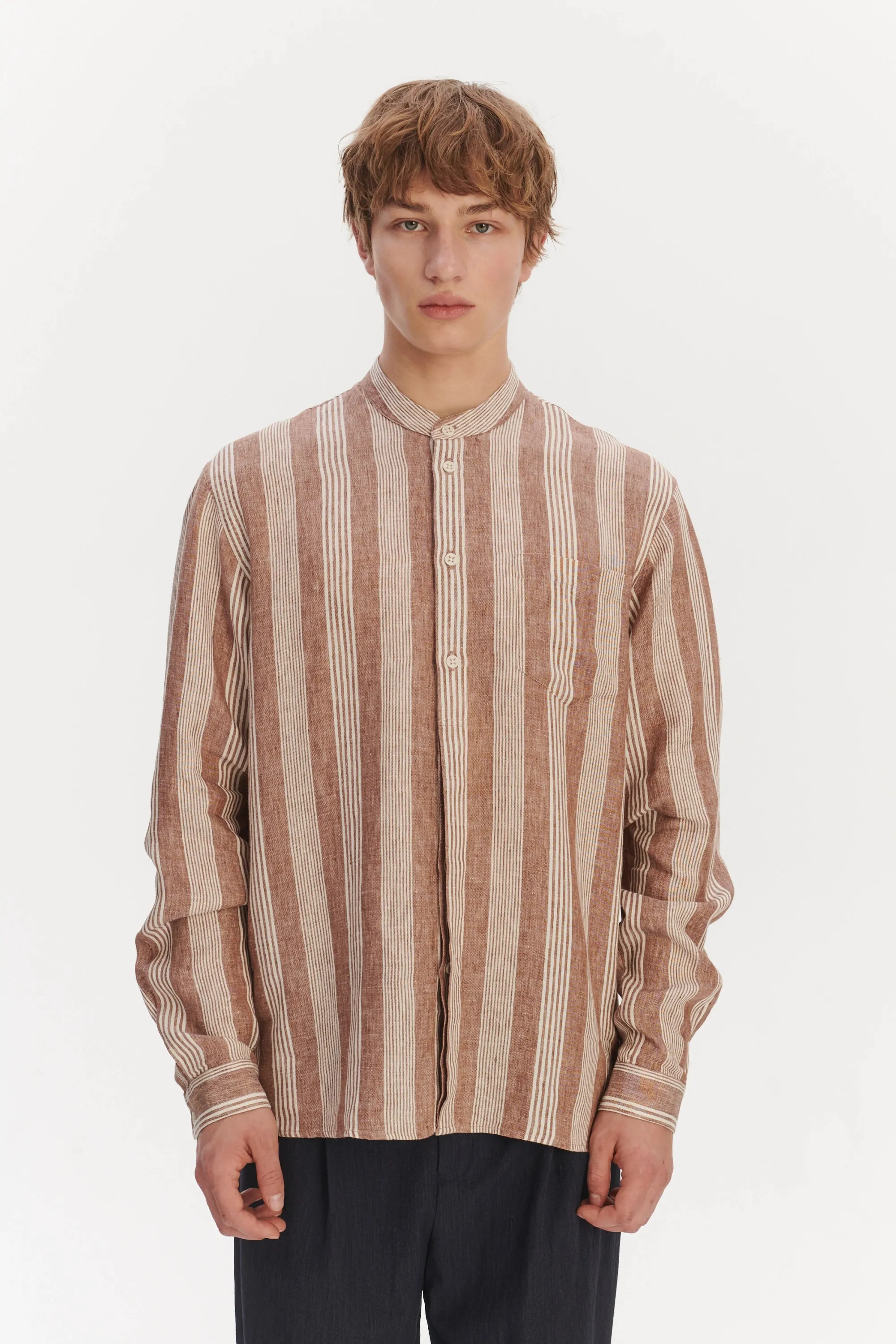 New Zen Grandad Collar Shirt in a Rusty Brown and Beige Striped Italian Linen sold by Delikatessen product image thumbnail 2