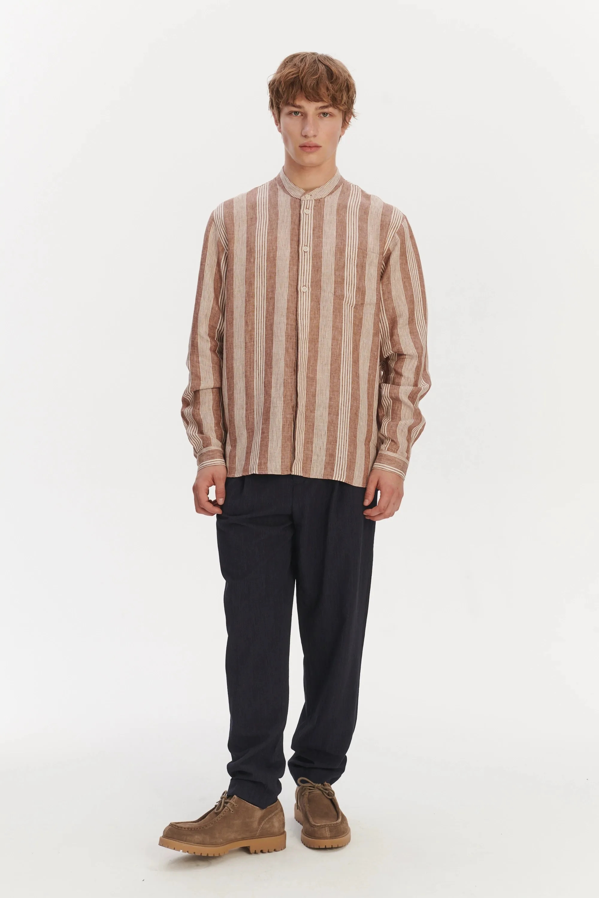 New Zen Grandad Collar Shirt in a Rusty Brown and Beige Striped Italian Linen sold by Delikatessen product image thumbnail 3