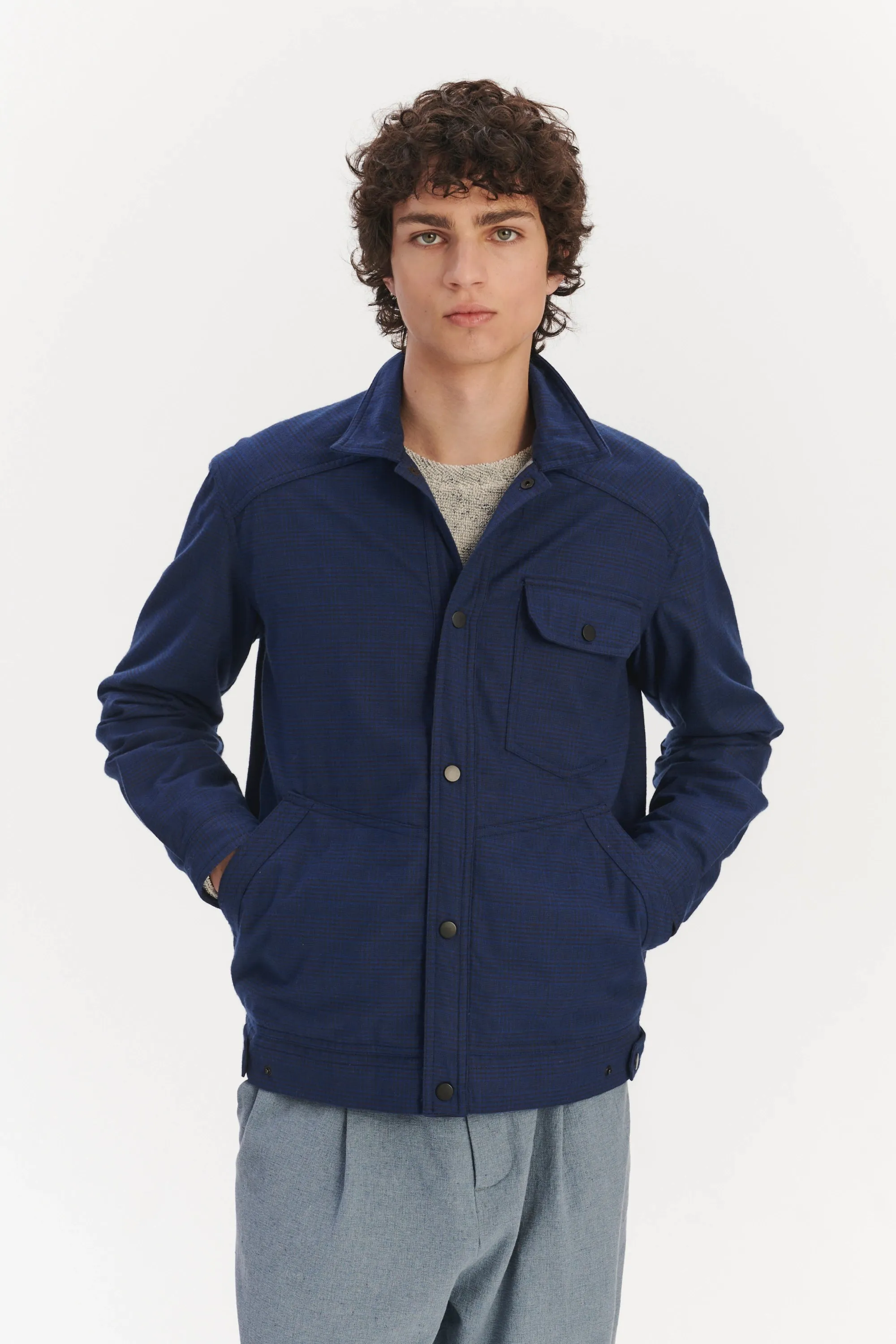 French Workwear Jacket in a Tonal Prussian Blue and Black Chequered Italian Cotton Flannel sold by Delikatessen product image thumbnail 5