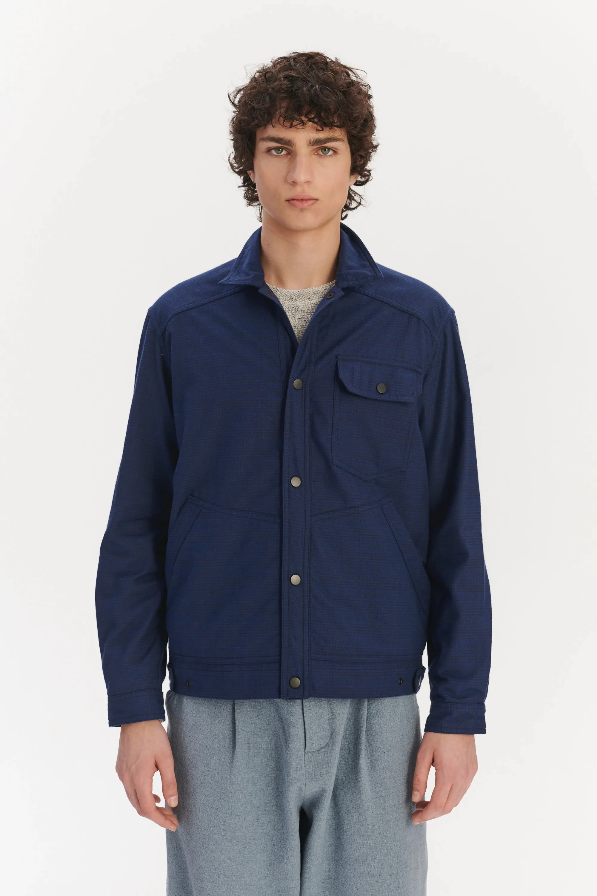 French Workwear Jacket in a Tonal Prussian Blue and Black Chequered Italian Cotton Flannel sold by Delikatessen product image thumbnail 4