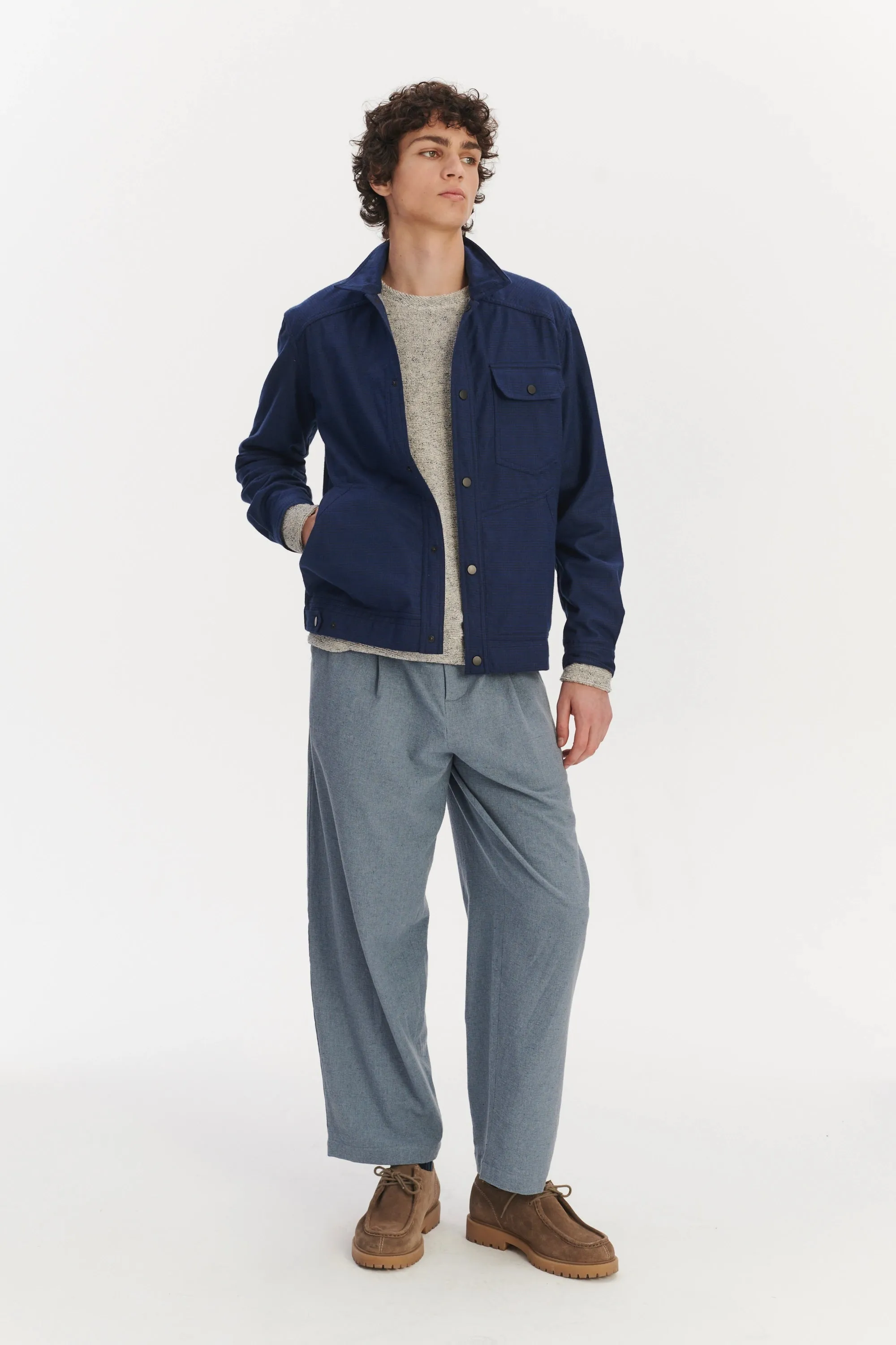 French Workwear Jacket in a Tonal Prussian Blue and Black Chequered Italian Cotton Flannel sold by Delikatessen