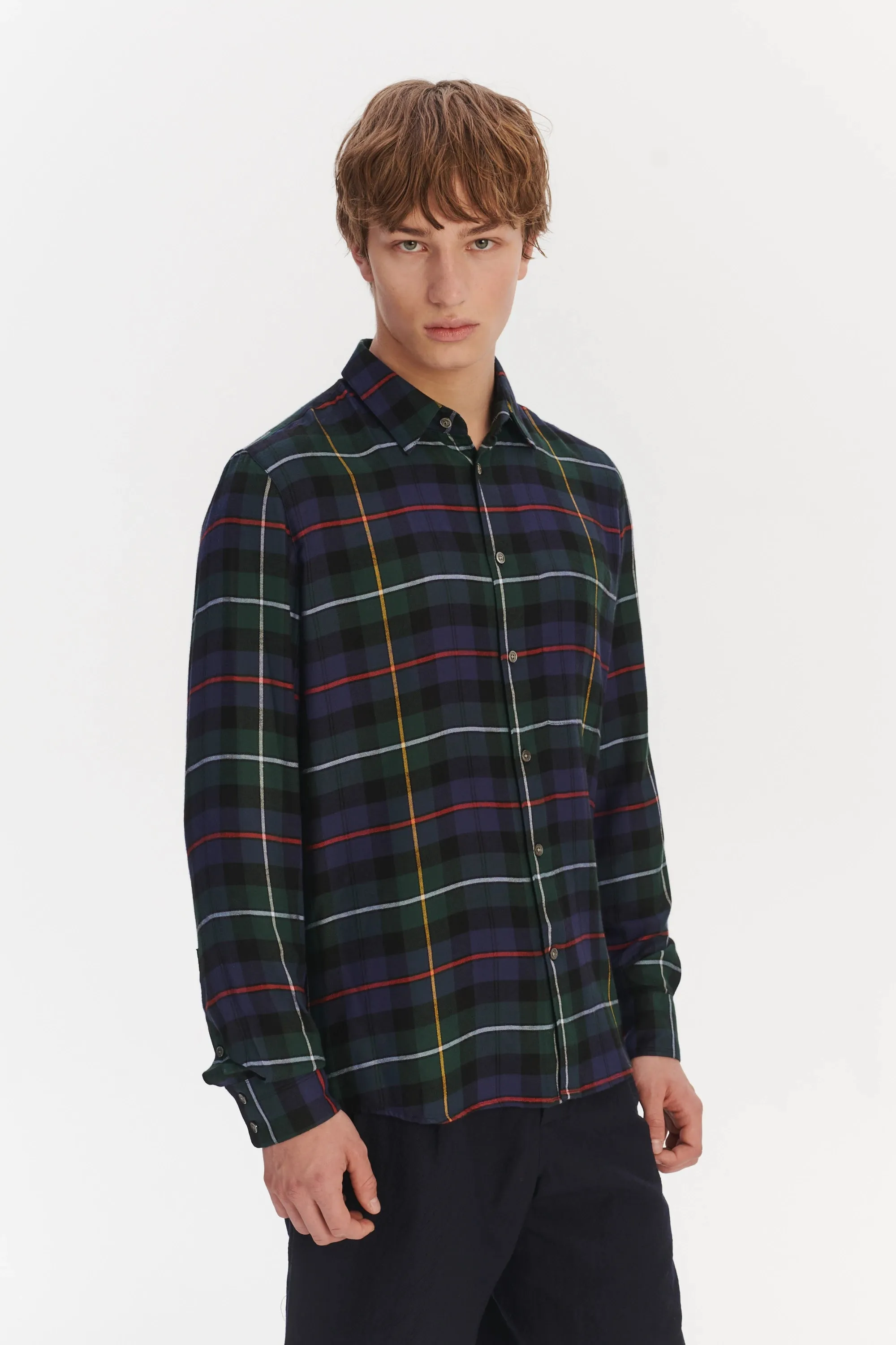 Feel Good Shirt in the Finest Dark Blue, Green, Red and Yellow Chequered Fluid Italian Modal sold by Delikatessen product image thumbnail 5