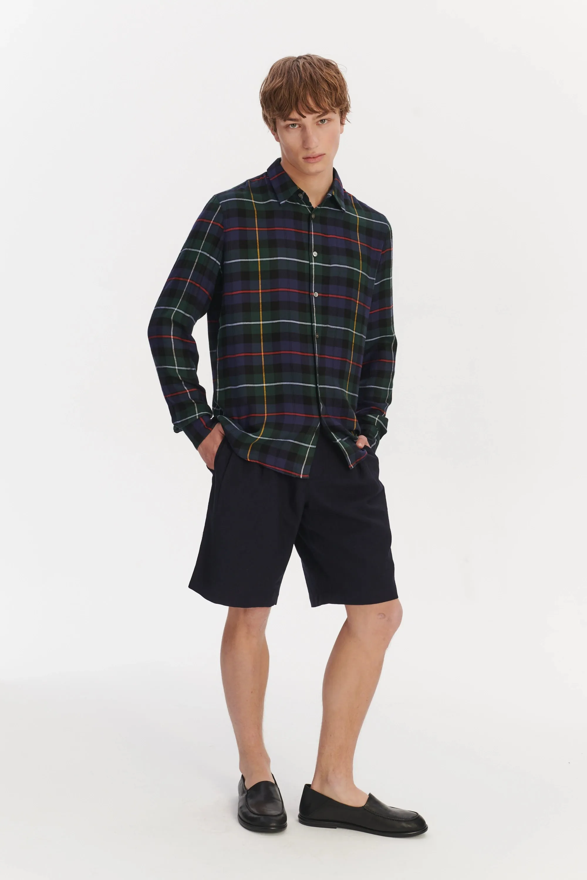 Feel Good Shirt in the Finest Dark Blue, Green, Red and Yellow Chequered Fluid Italian Modal sold by Delikatessen