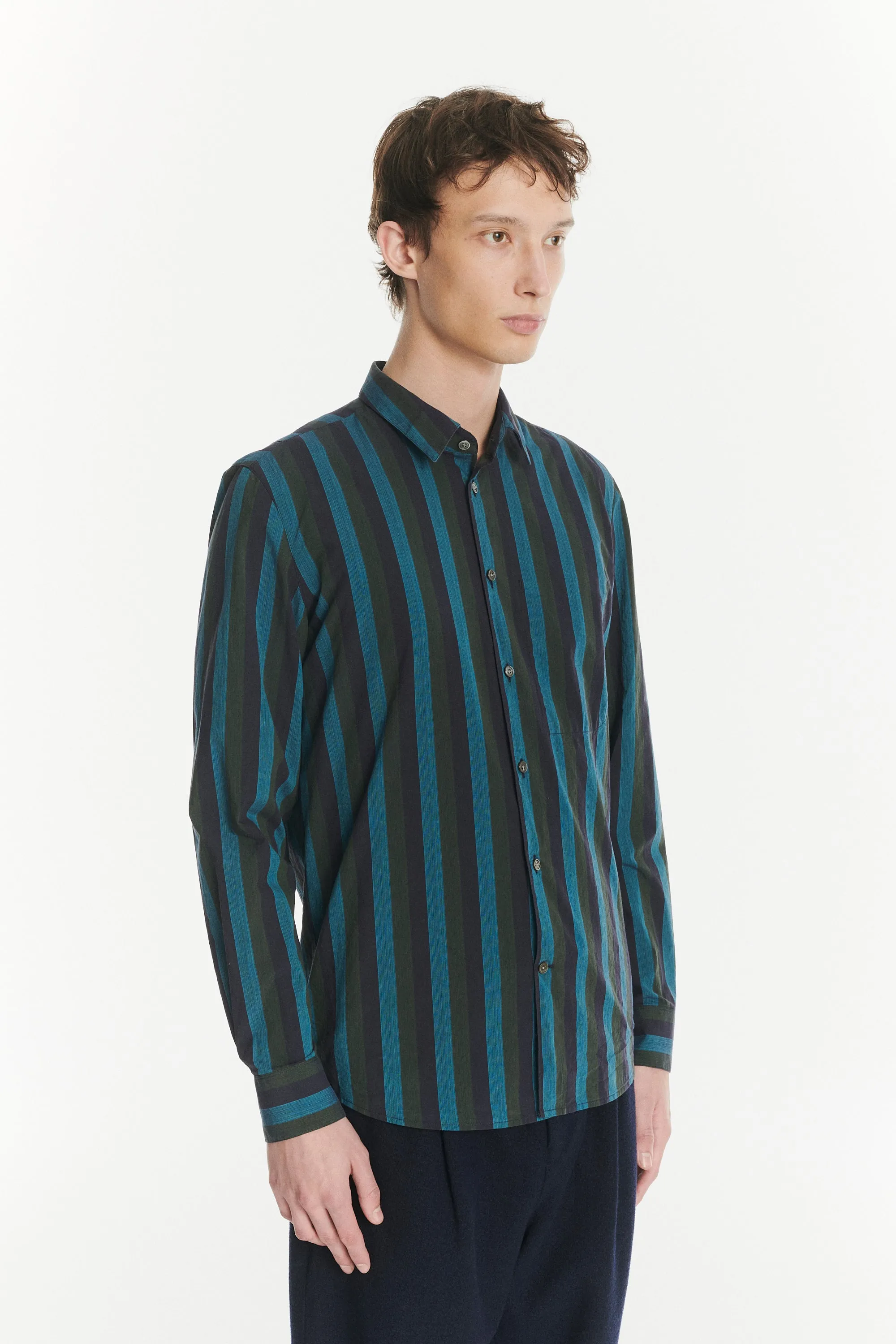 Feel Good Shirt in a Vibrant Blue, Moss Green and Midnight Blue Striped Italian Cotton sold by Delikatessen product image thumbnail 4