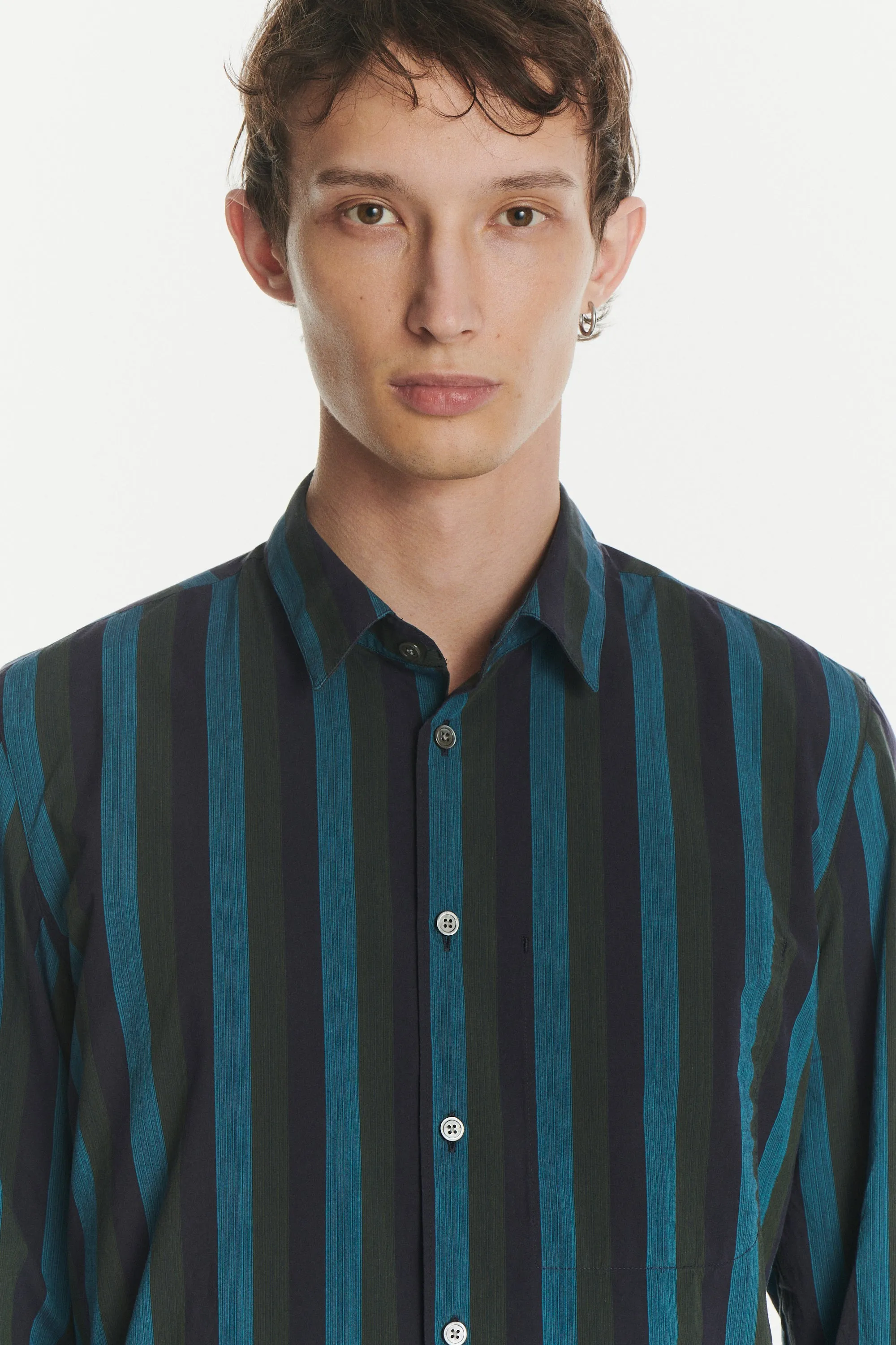 Feel Good Shirt in a Vibrant Blue, Moss Green and Midnight Blue Striped Italian Cotton sold by Delikatessen product image thumbnail 2