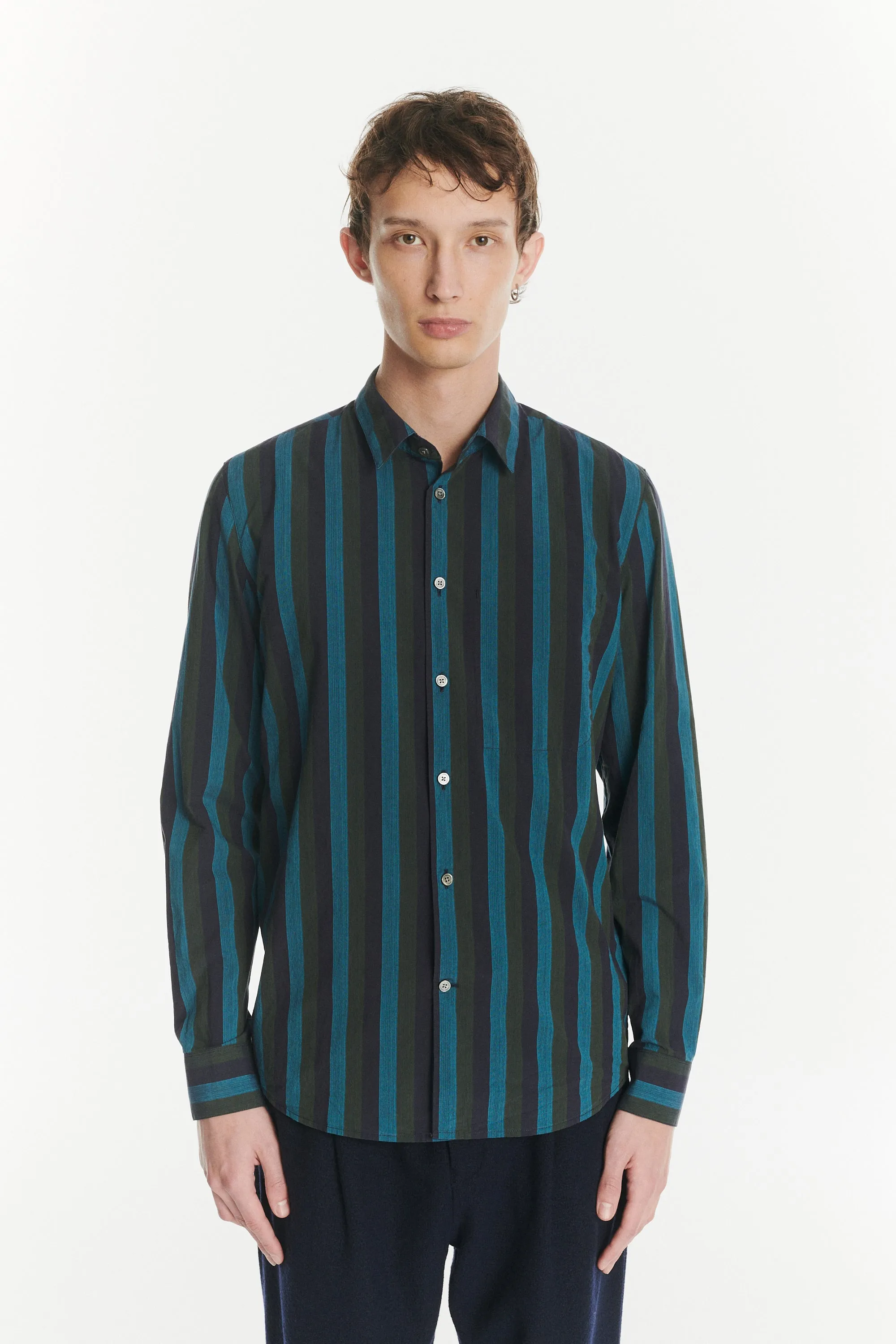 Feel Good Shirt in a Vibrant Blue, Moss Green and Midnight Blue Striped Italian Cotton sold by Delikatessen product image thumbnail 3